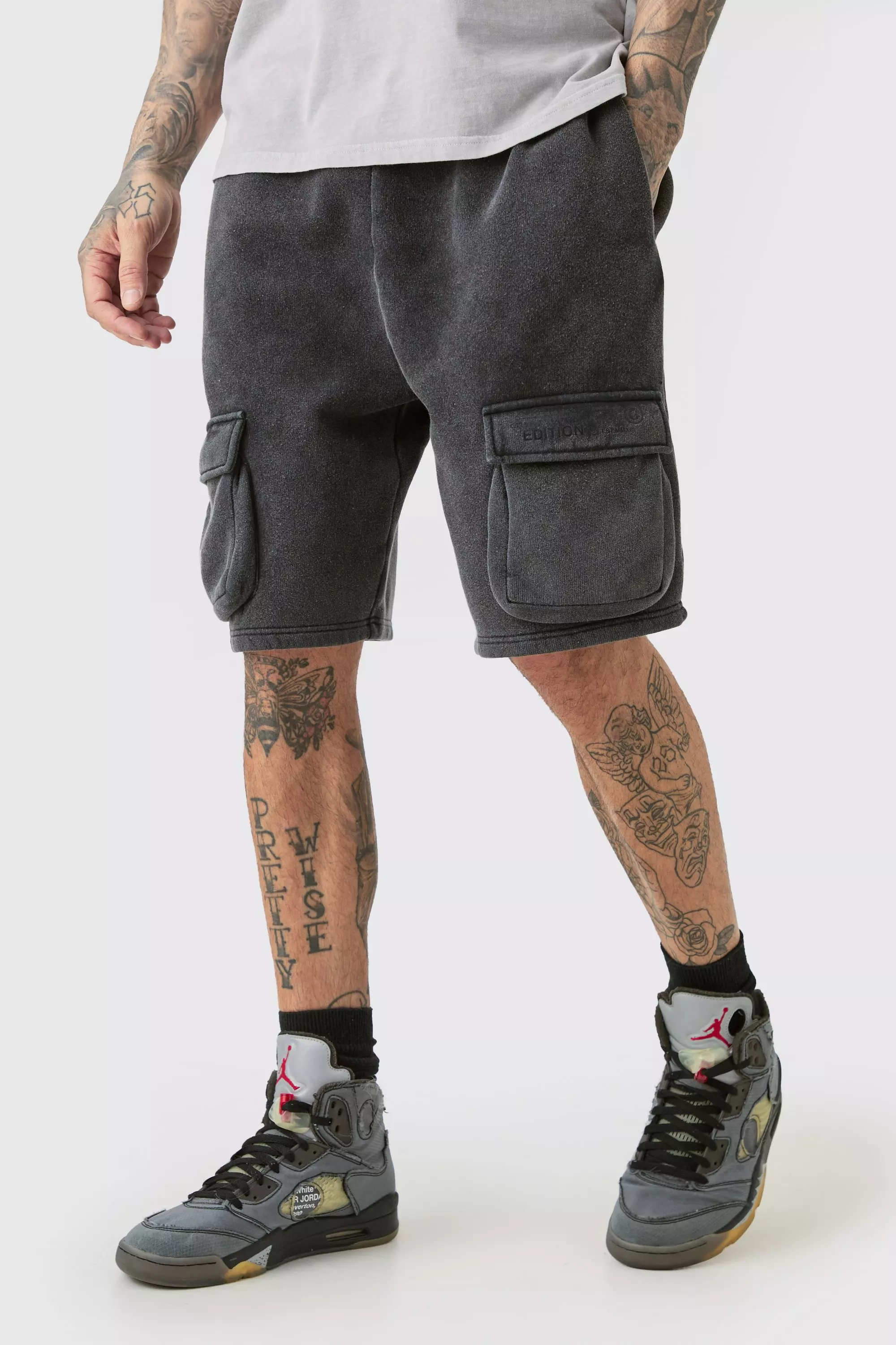 Tall Loose Fit Washed Cargo Jersey Short In Black Black