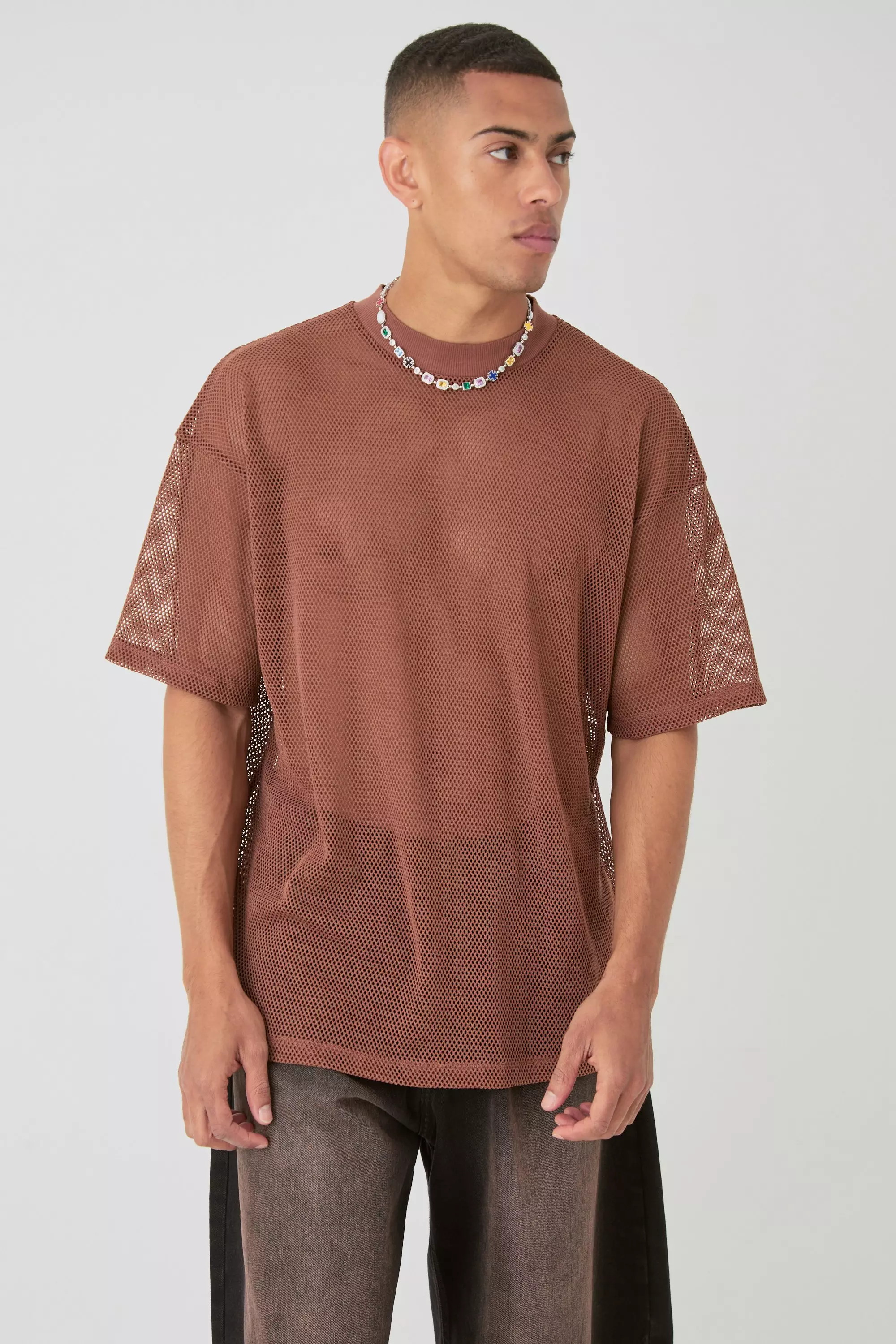 Chocolate Brown Oversized Open Mesh T-shirt