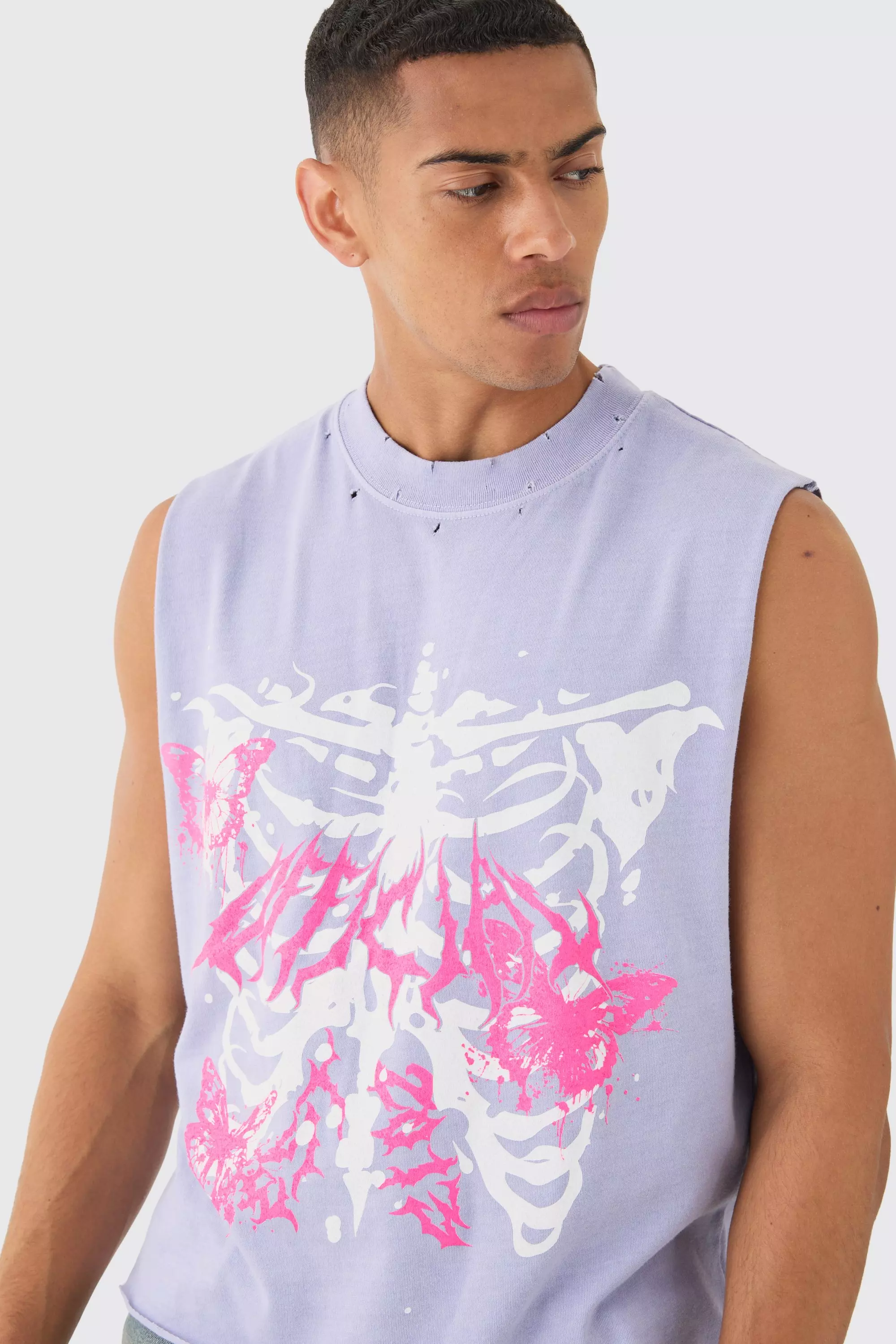 Oversized Wash Boxy Gothic Graffiti Distressed Tank Lilac