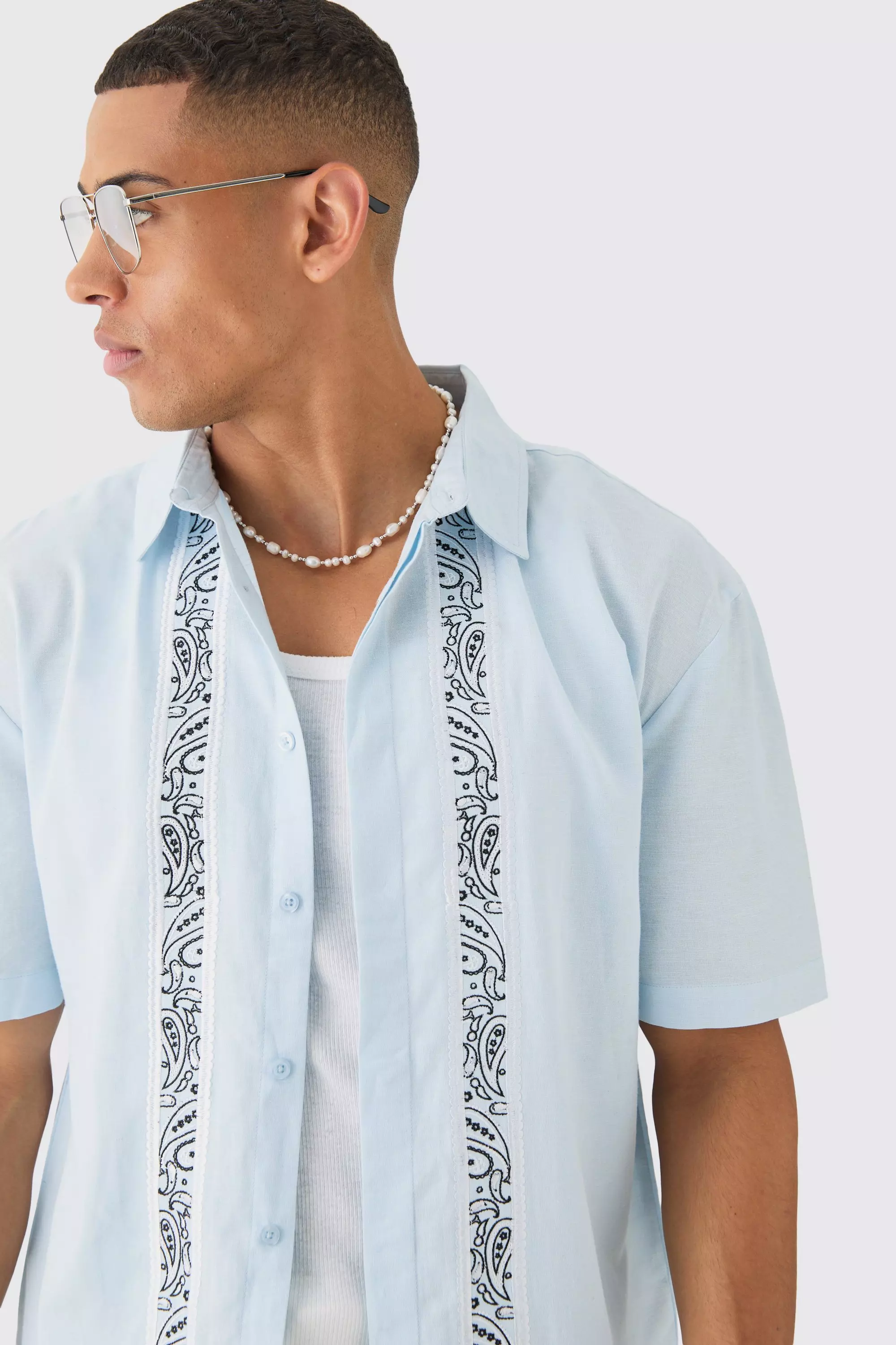 Camicia Boarder In Lino Con Falsatura, Light blue immagine alternativa
