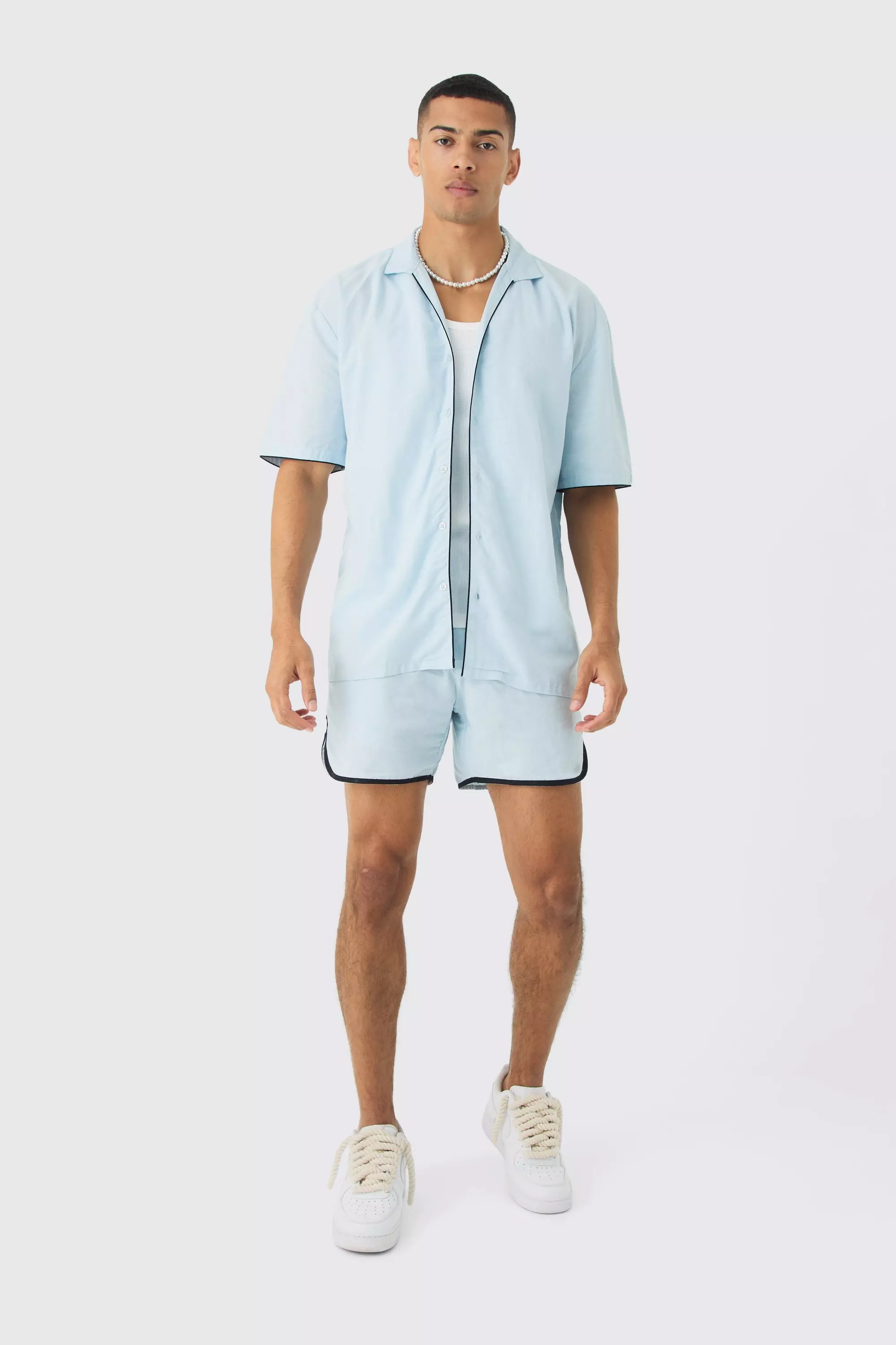 Blue Dropped Revere Linen Piped Shirt & Smart Short Set