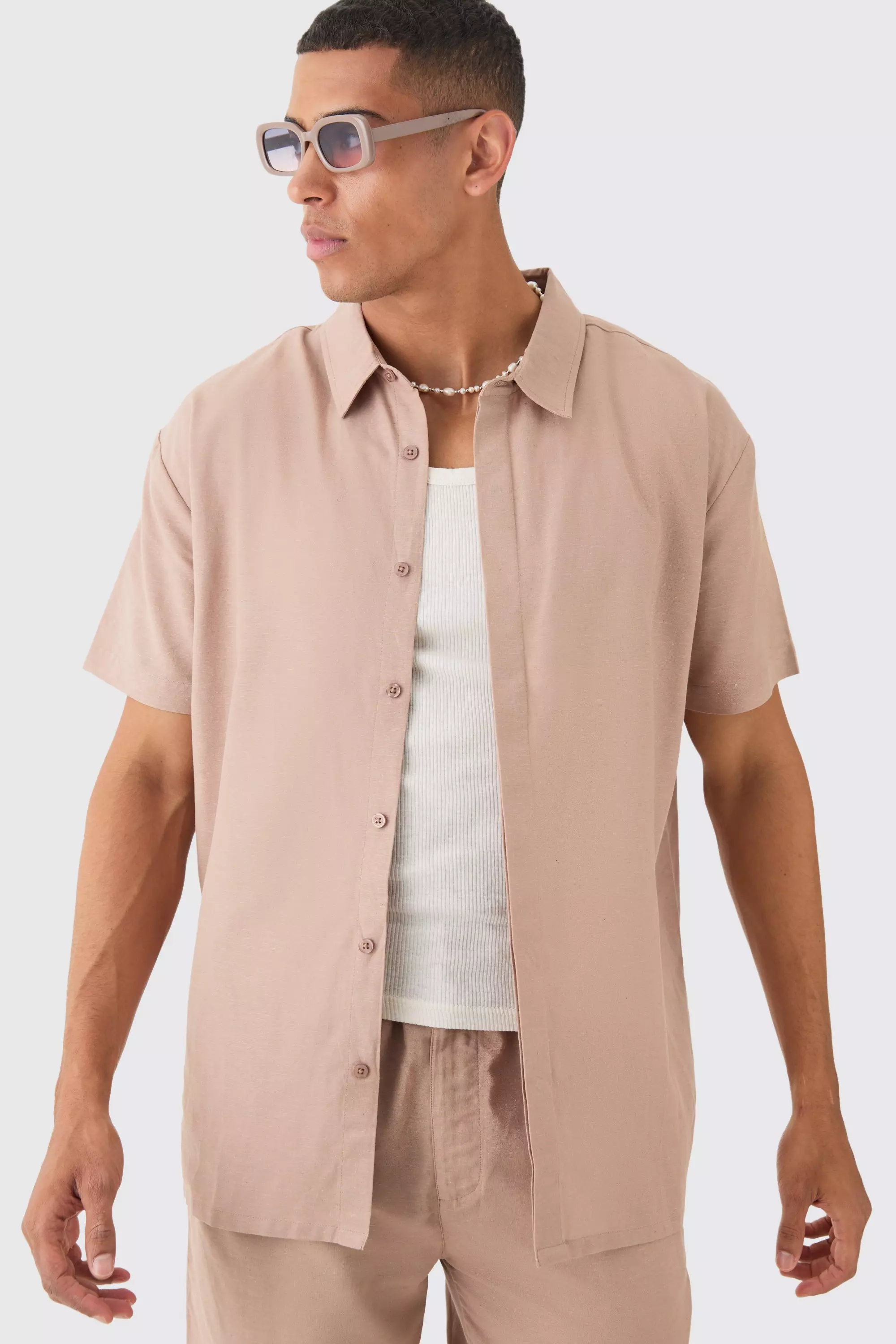 Taupe Beige Oversized Linen Concealed Placket Shirt