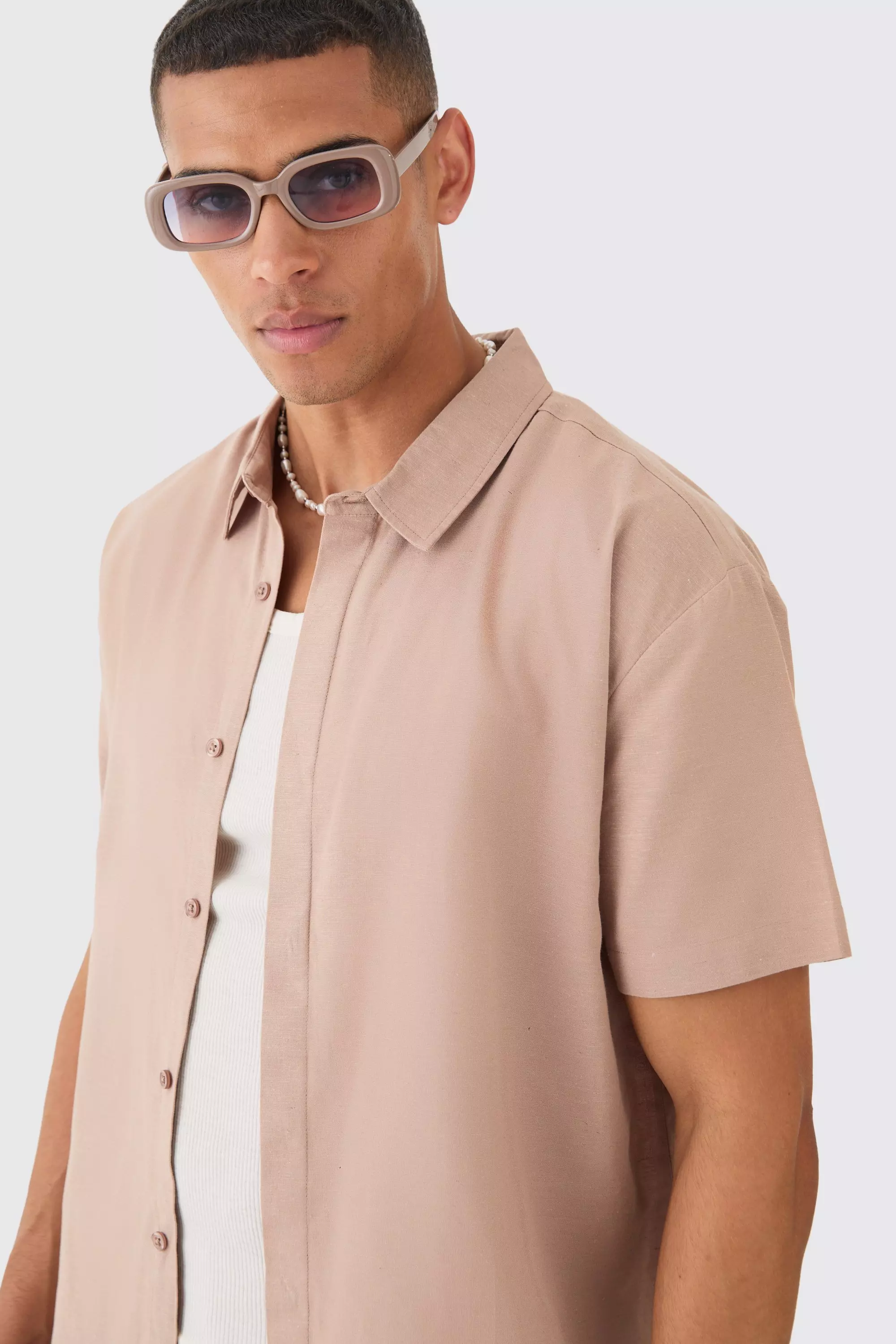 Camicia Oversize In Lino Con Falsatura, Taupe immagine alternativa