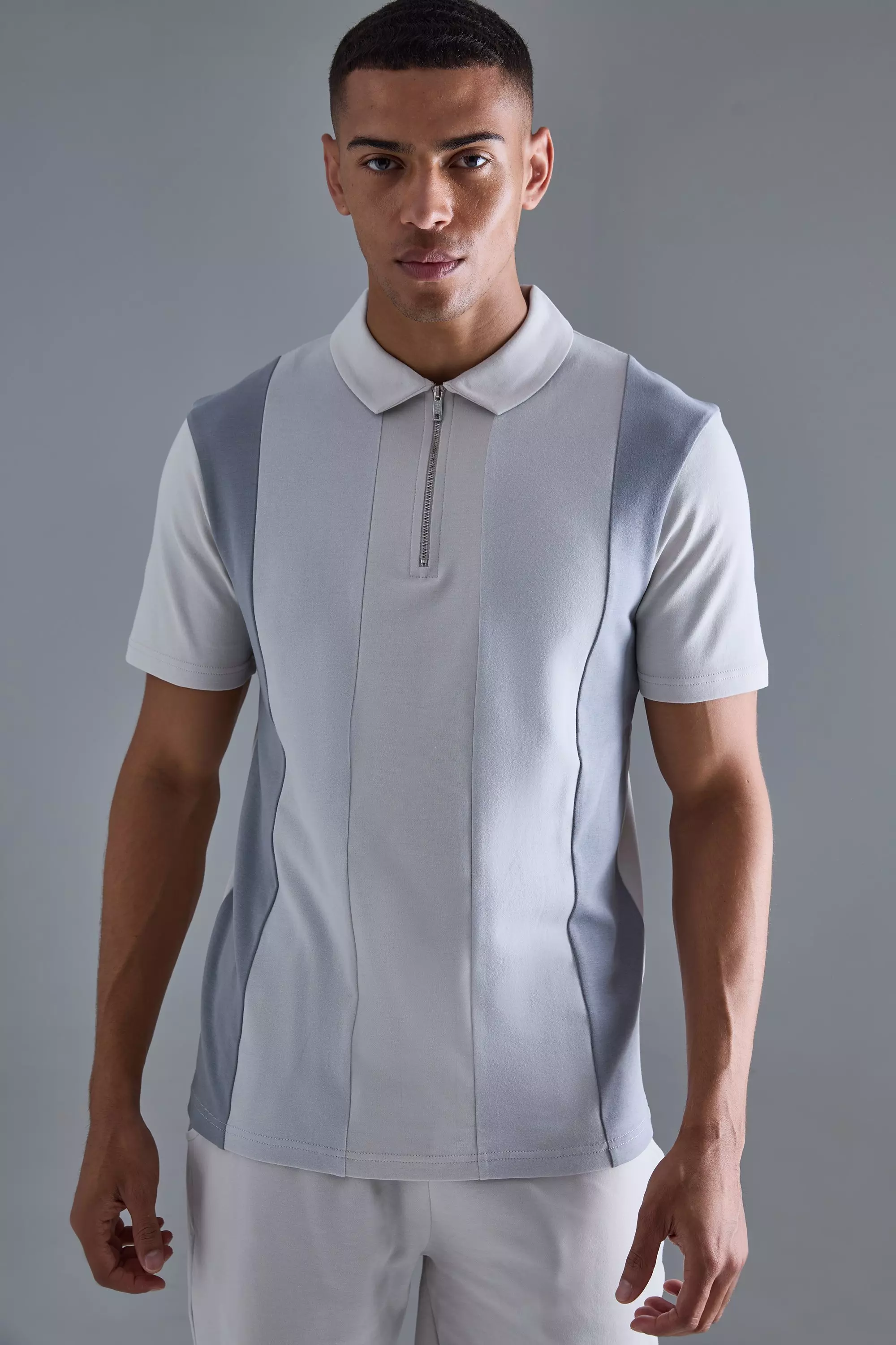 Slim Contrast Panel Interlock Polo Light grey