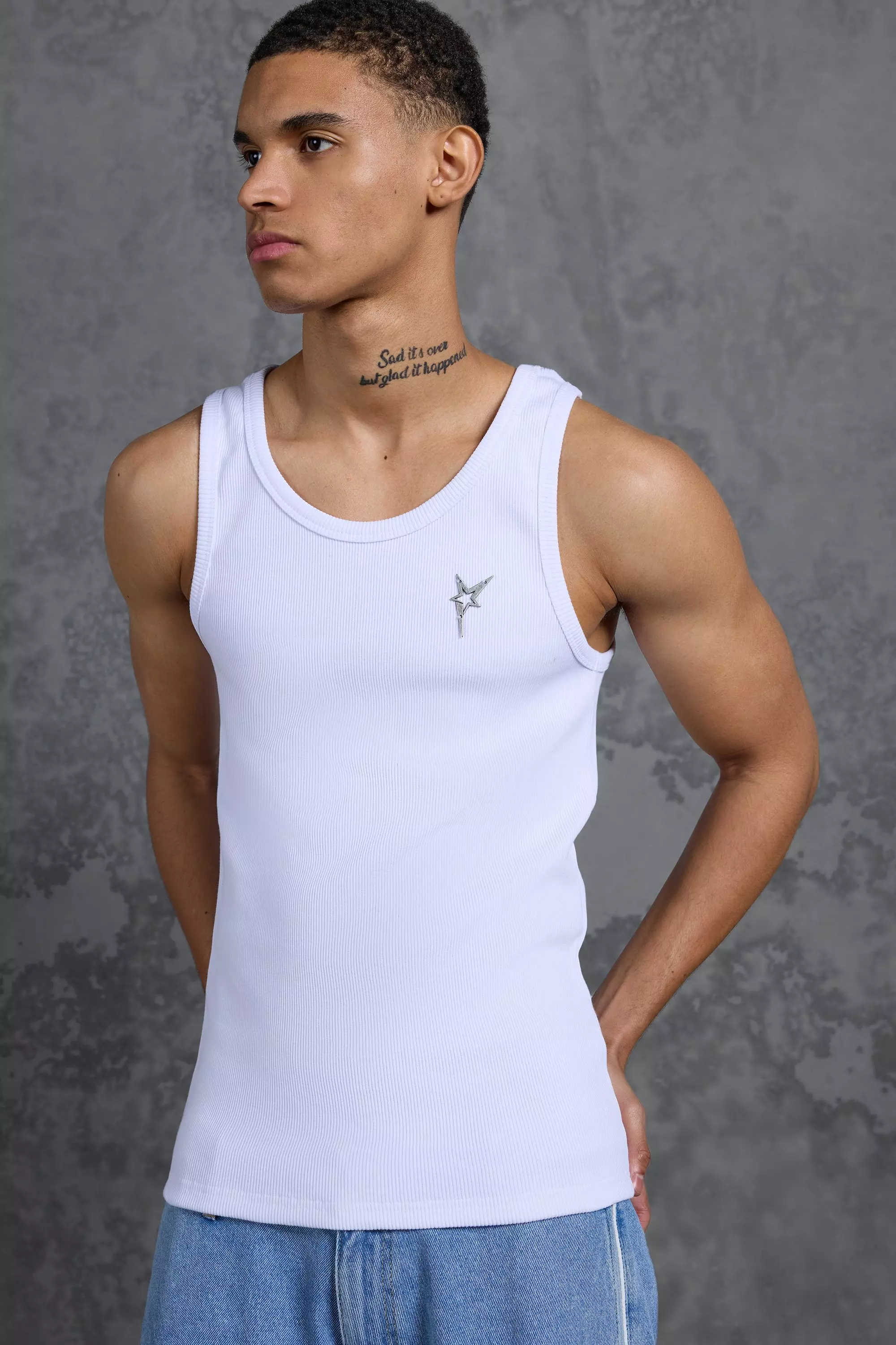 P-Star Muscle Fit Metal Branded Ribbed Vest White