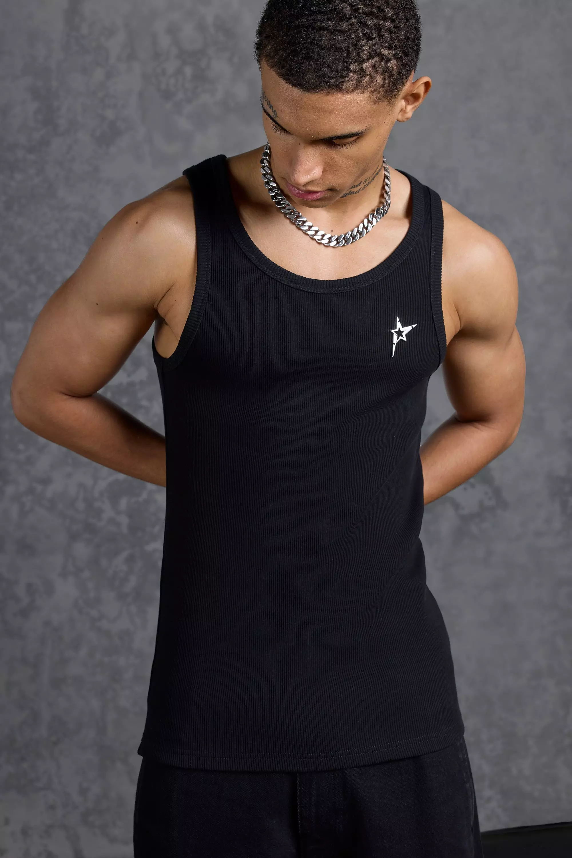 P-Star Muscle Fit Metal Branded Ribbed Vest Black