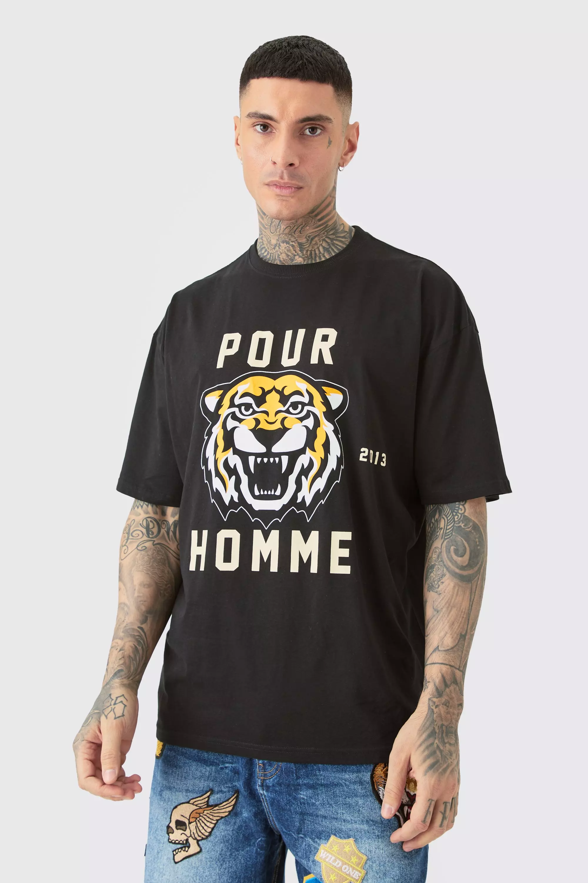 Tall Pour Homme Tiger Graphic Oversized T-shirt Black