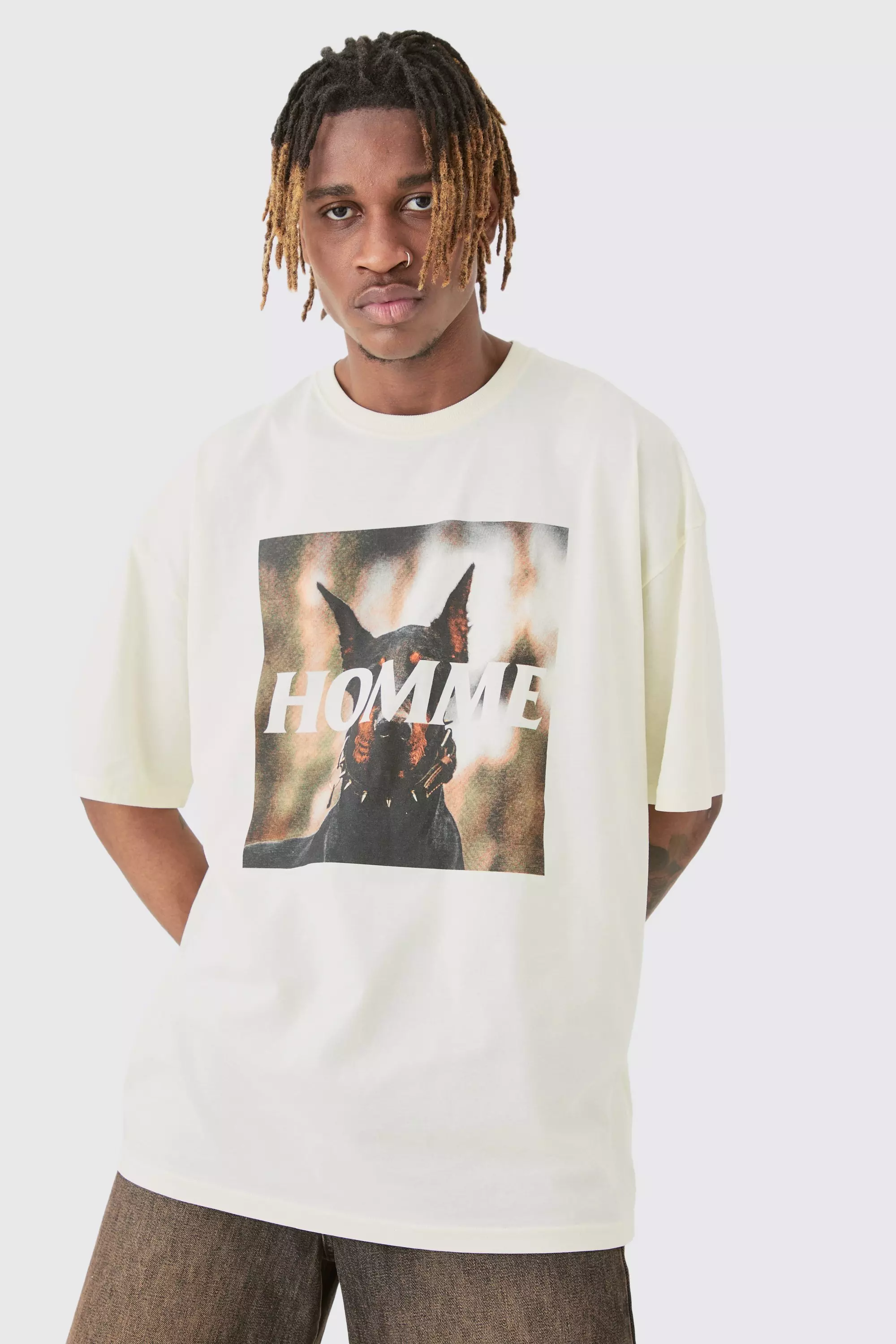 Ecru White Tall Homme Dobermann Printed Graphic Oversized T-shirt