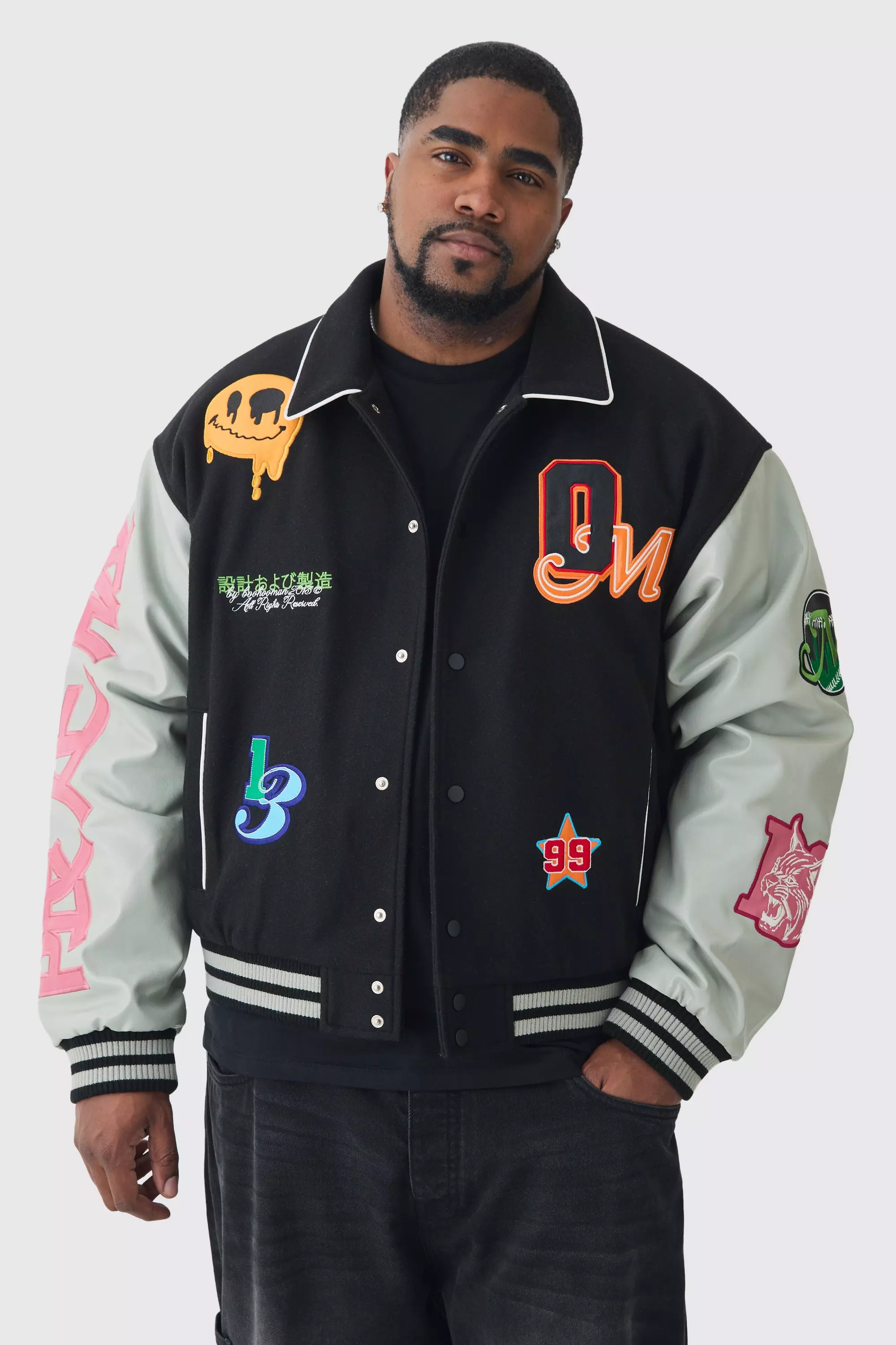 Plus Boxy Melton PU Varsity Badge Jacket Black