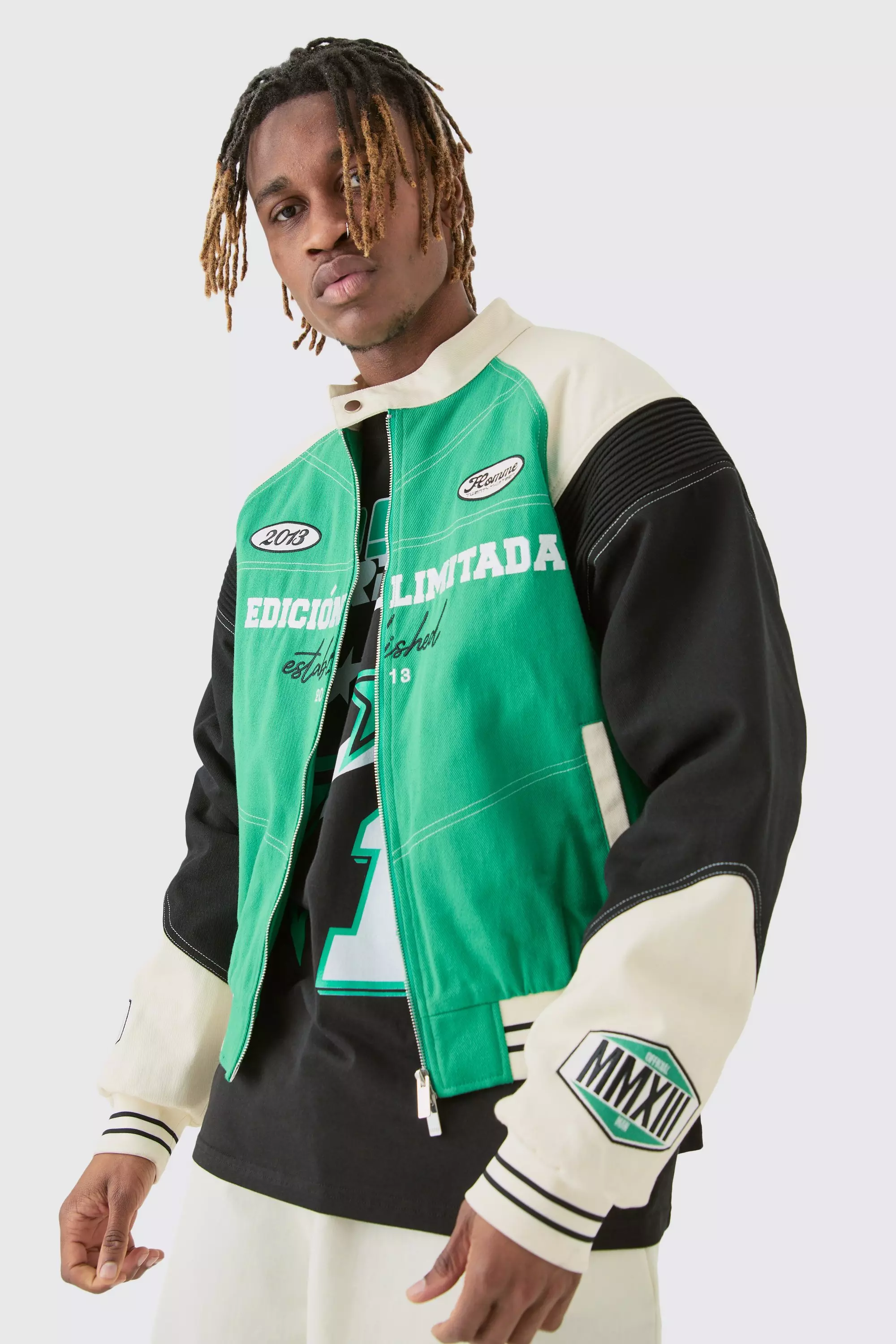 Tall Boxy Twill Biker Panel Moto Jacket boohooMAN USA