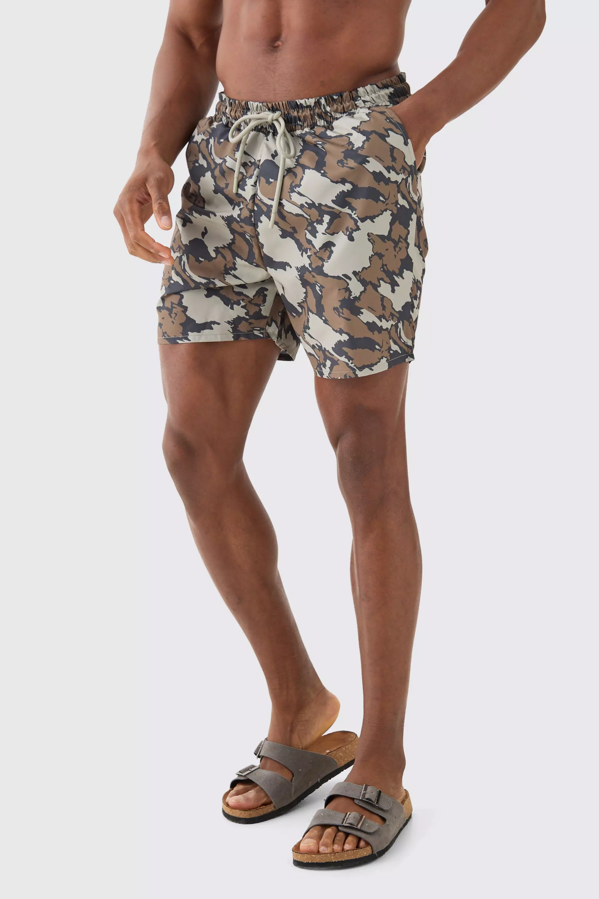 Khaki Mid Length Camo Swim Trunks