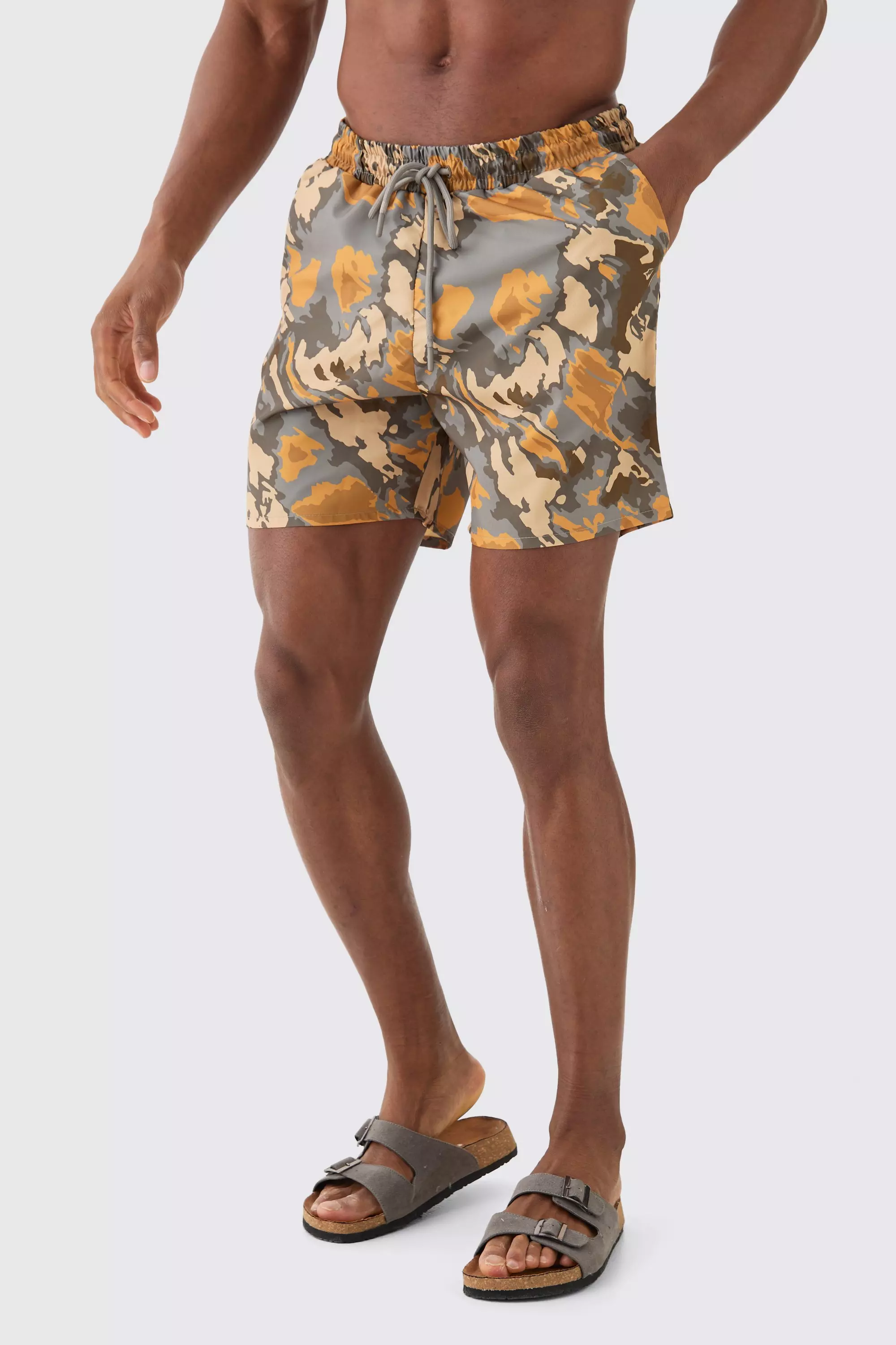 Mid Length Camo Swim Trunks boohooMAN USA