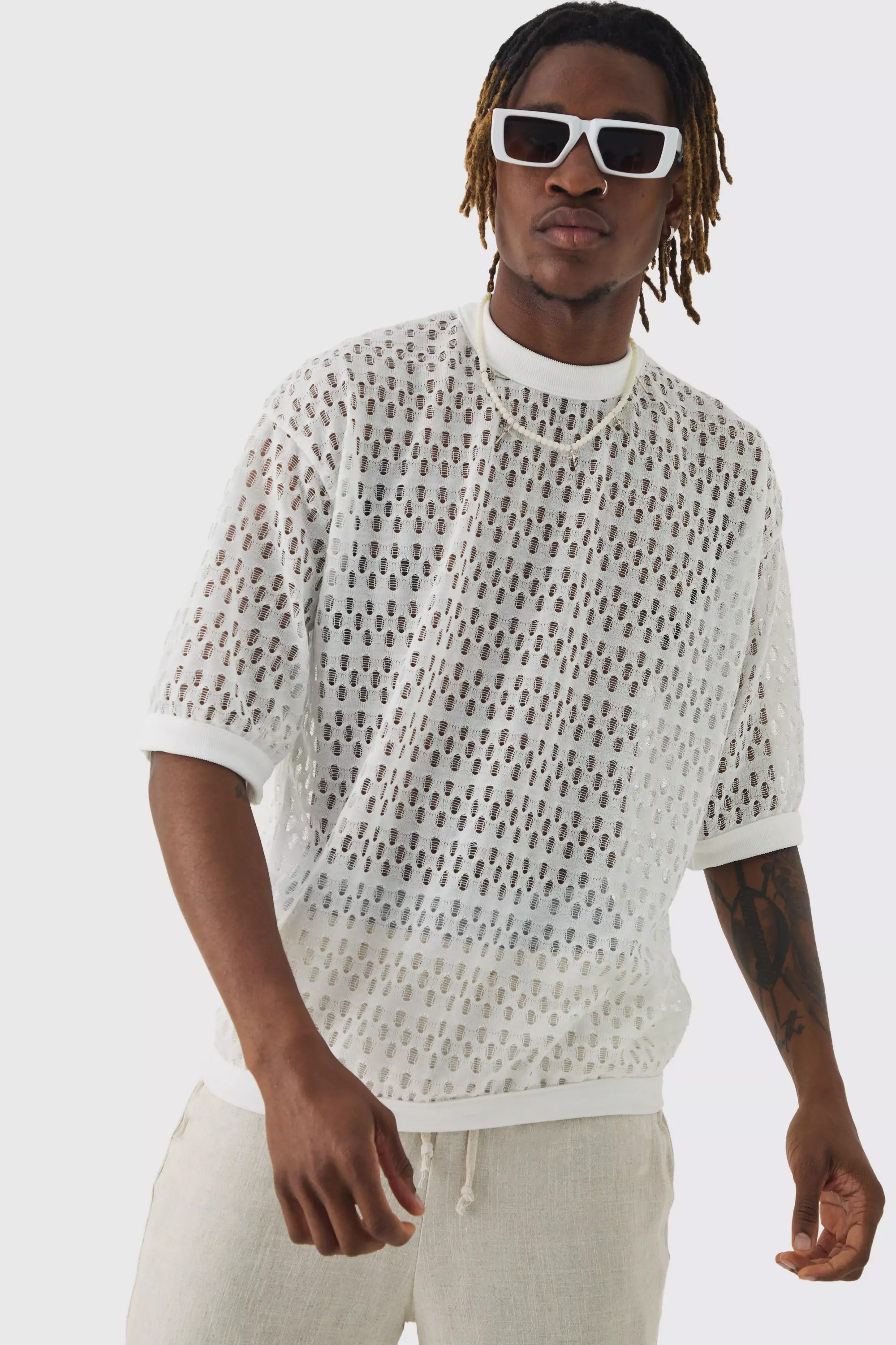 Tall Crochet 1/2 Sleeve T-shirt Cream