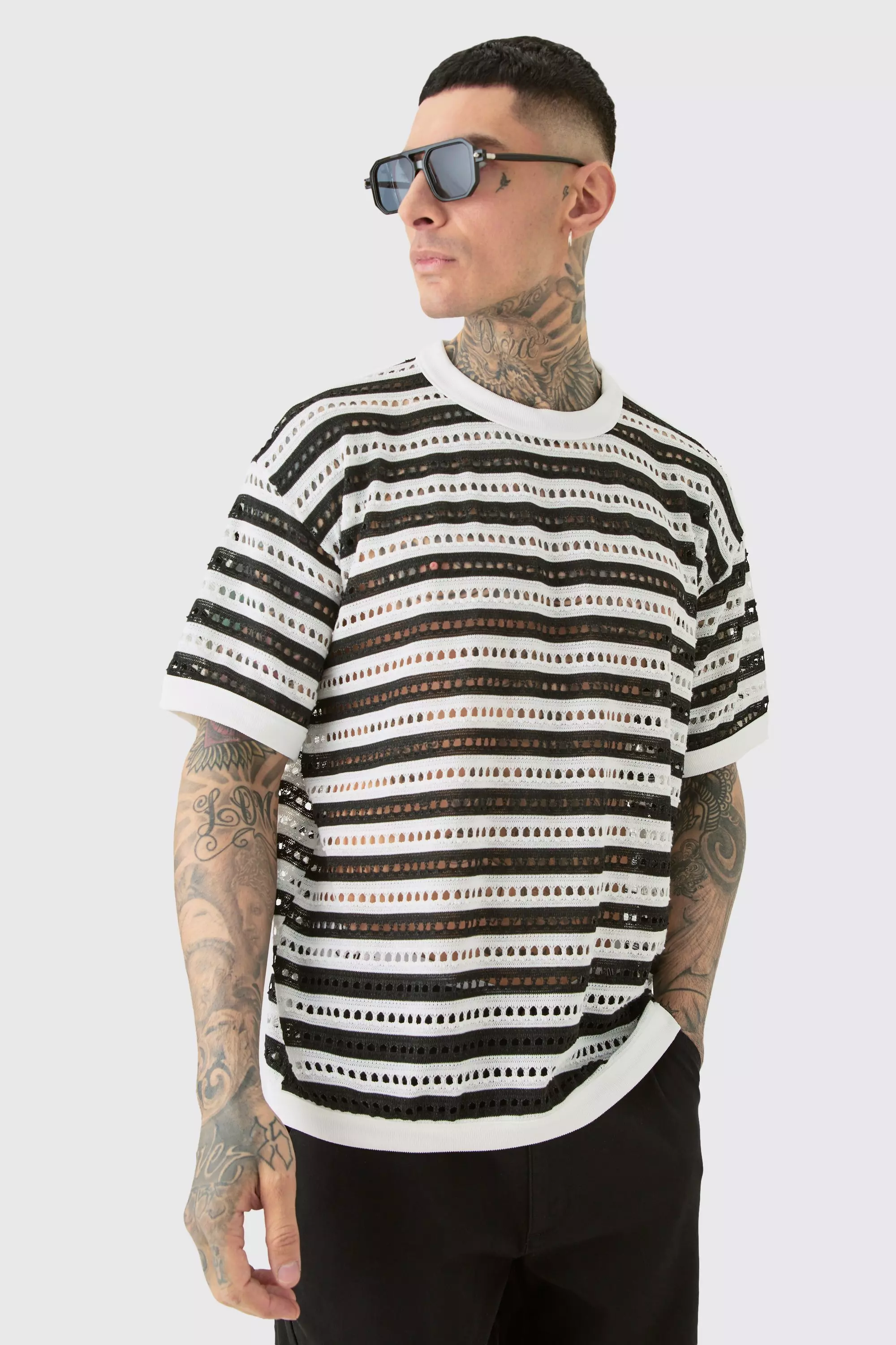 Tall Crochet Striped Oversized T-shirt Black