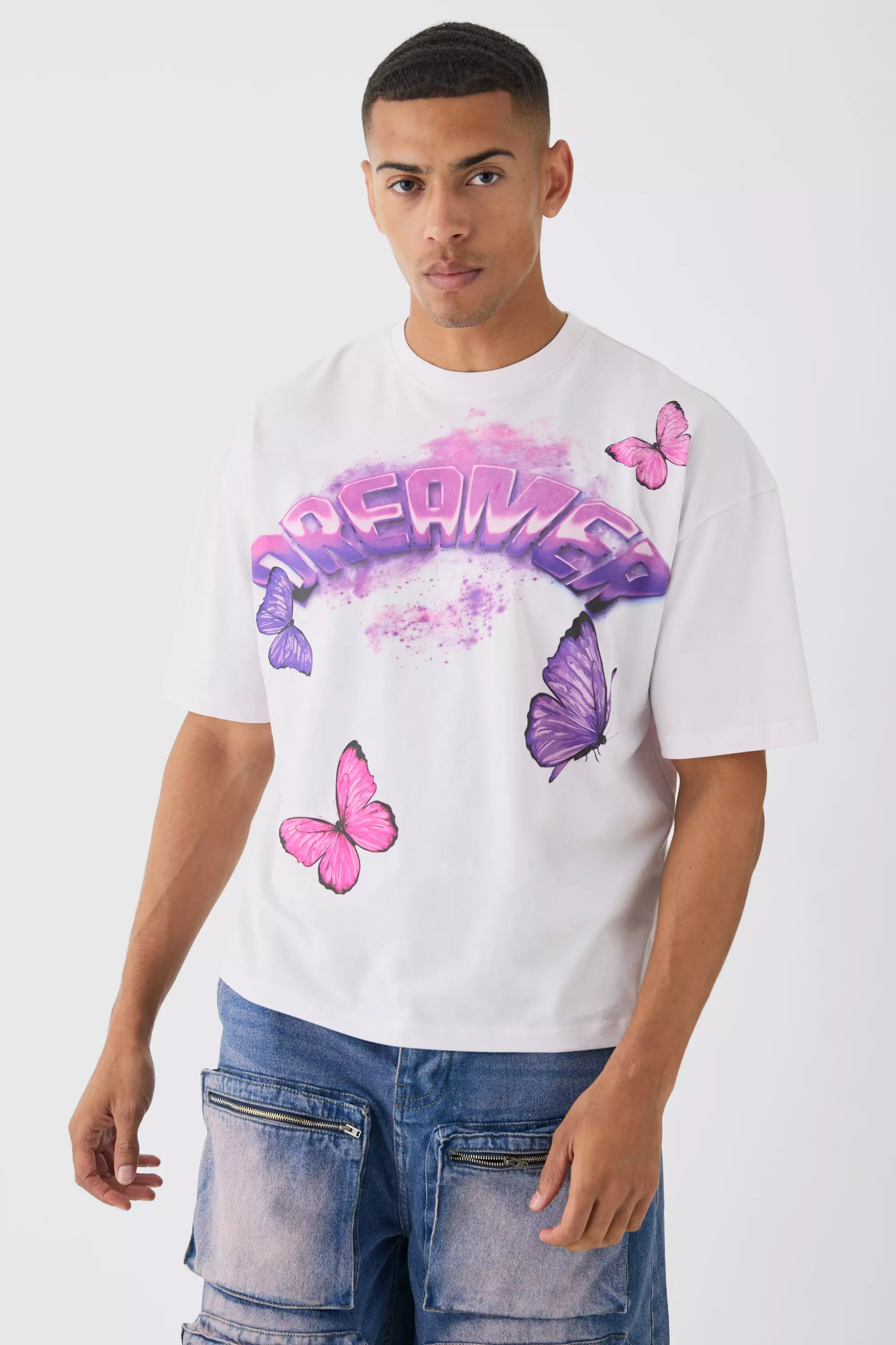 Pink Oversized Boxy Extended Neck Large Butterfly Graphic T-shirt