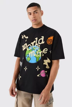 Oversized Extended Neck Space Graphic T-shirt Black