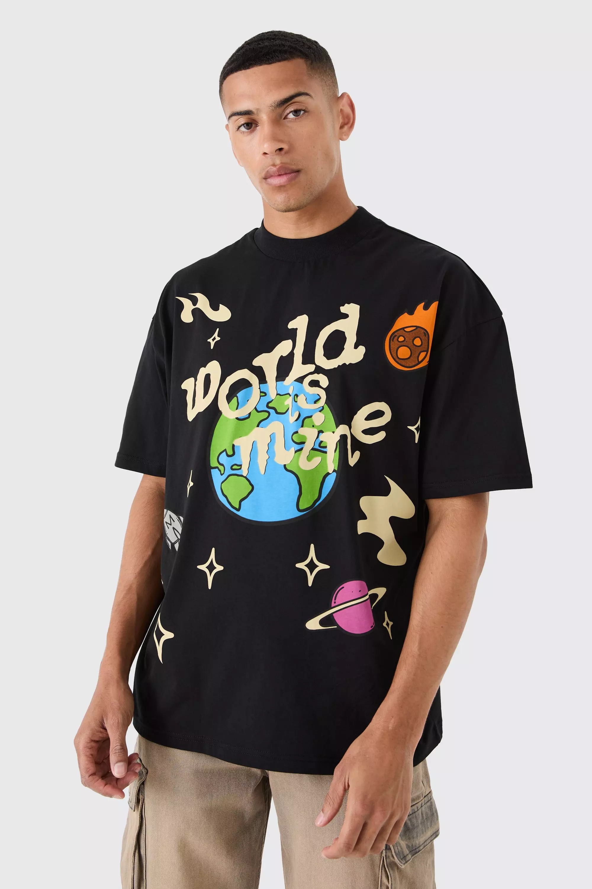 Oversized Extended Neck Over The Seam Gothic Back Print T-shirt | boohooMAN USA