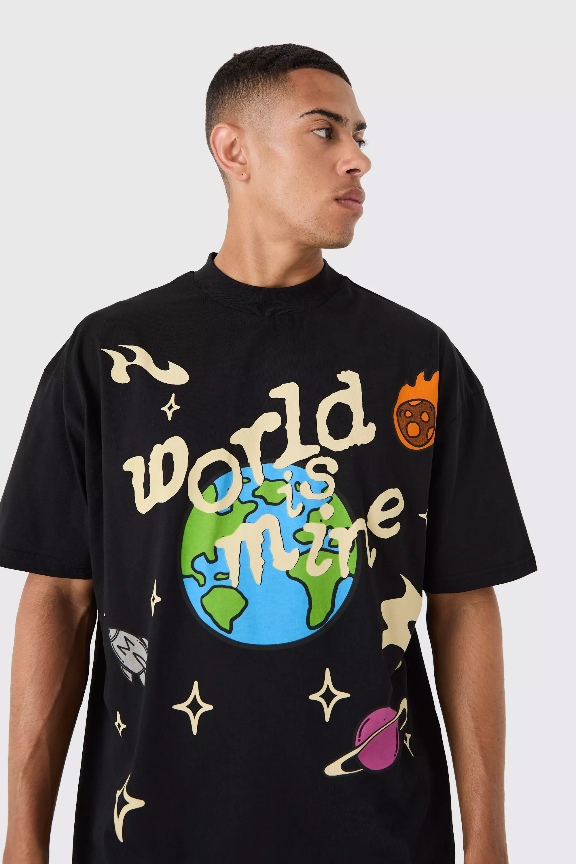 Oversized Extended Neck Over The Seam Gothic Back Print T-shirt | boohooMAN USA