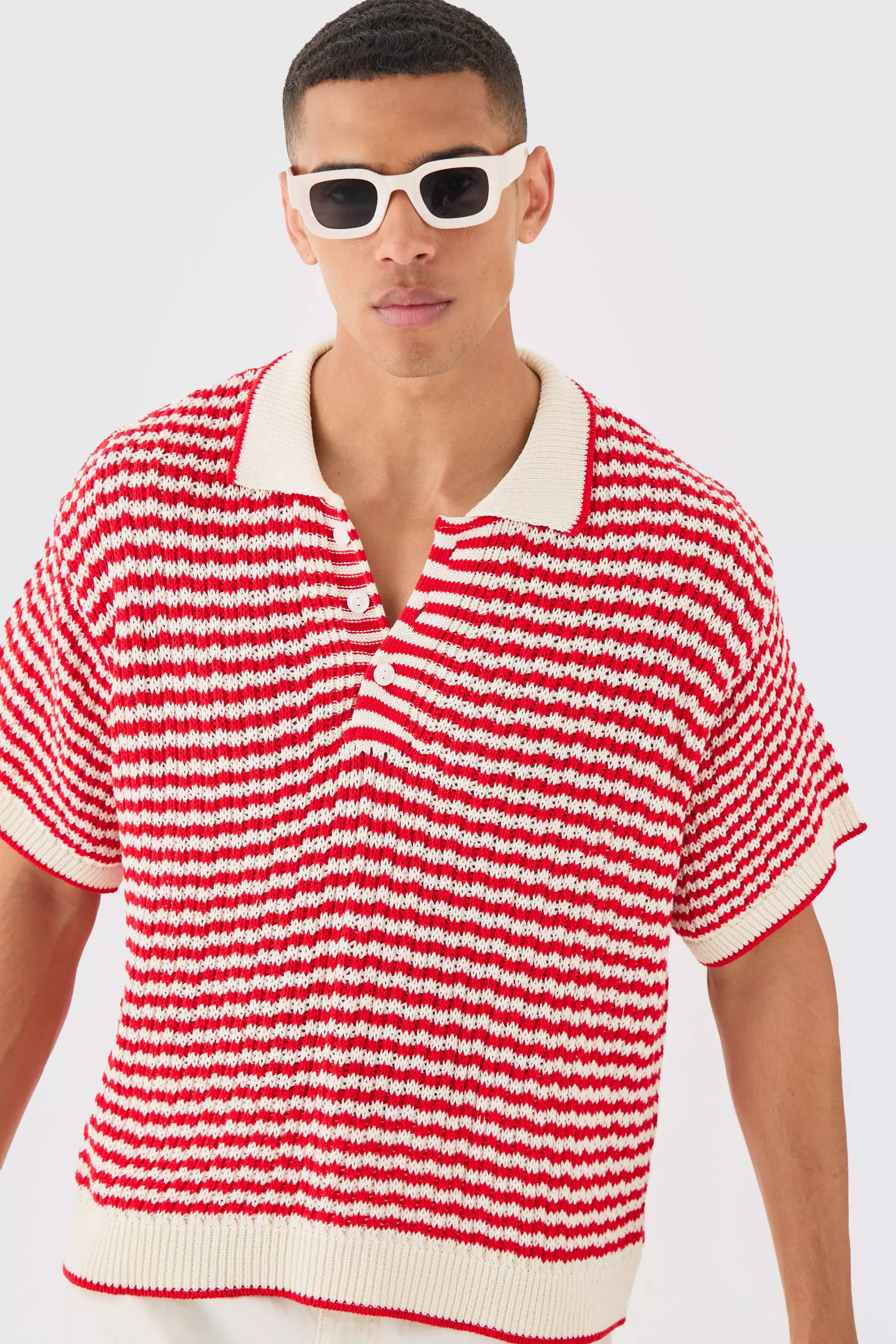 Oversized Boxy Crochet Open Stitch Mix Polo Multi