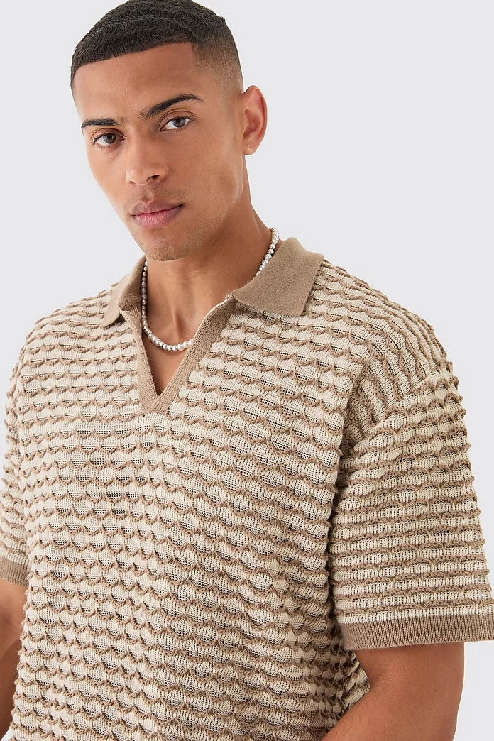 Oversized Boxy Stripe Textured Knit Polo | boohooMAN USA Oversized Boxy Stripe Textured Knit Polo | boohooMAN USA