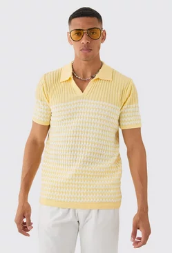 Regular V Neck Stripe Knitted Polo Yellow