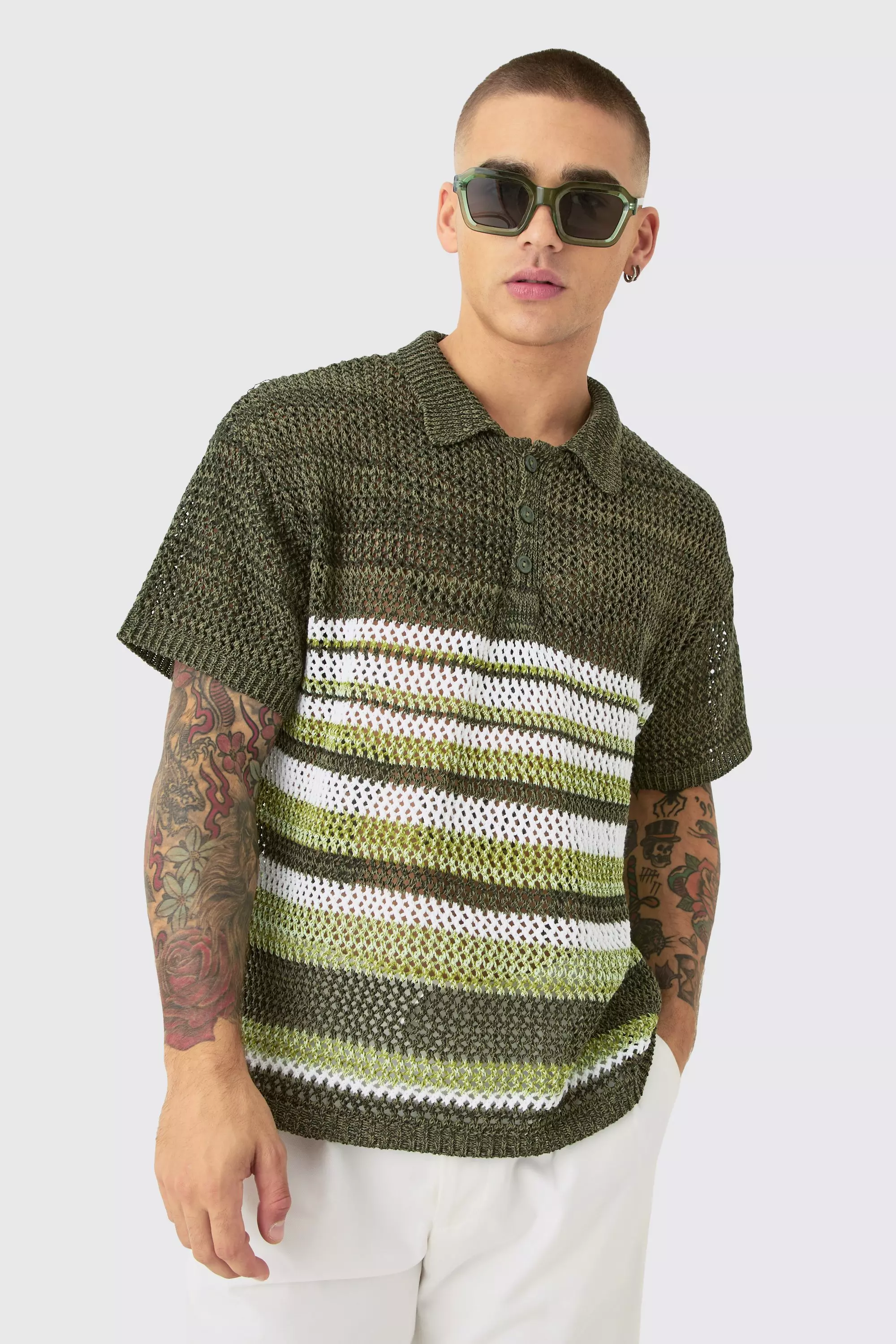 Oversized Boxy Ombre Open Stitch Polo Green