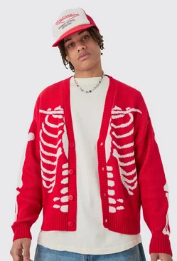Red Boxy Oversized Skeleton Jacquard Cardigan