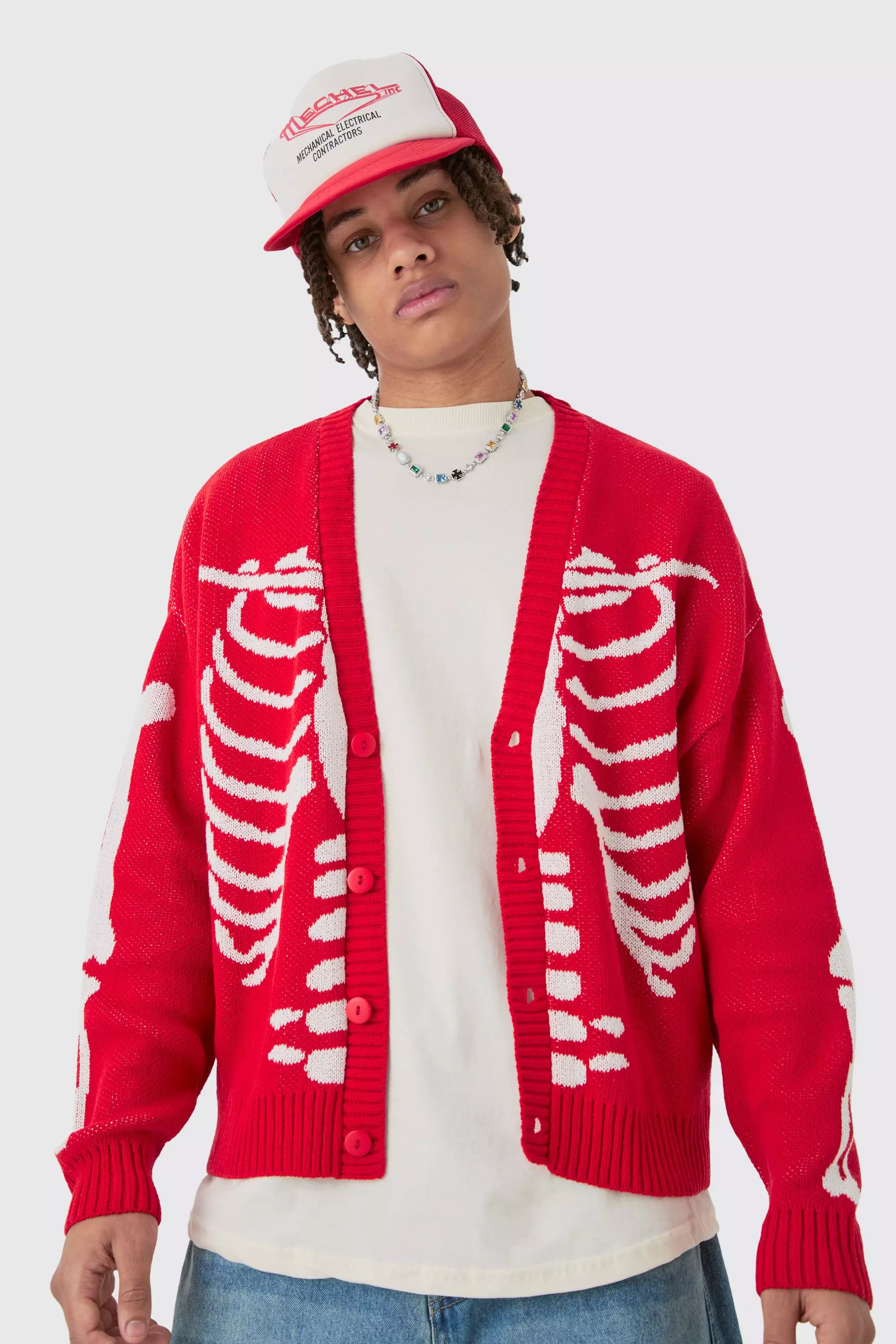 Boxy Oversized Skeleton Jacquard Cardigan Red