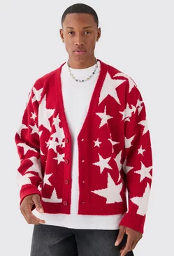 Red Boxy Oversized Brushed Star All Over Jacquard Cardigan