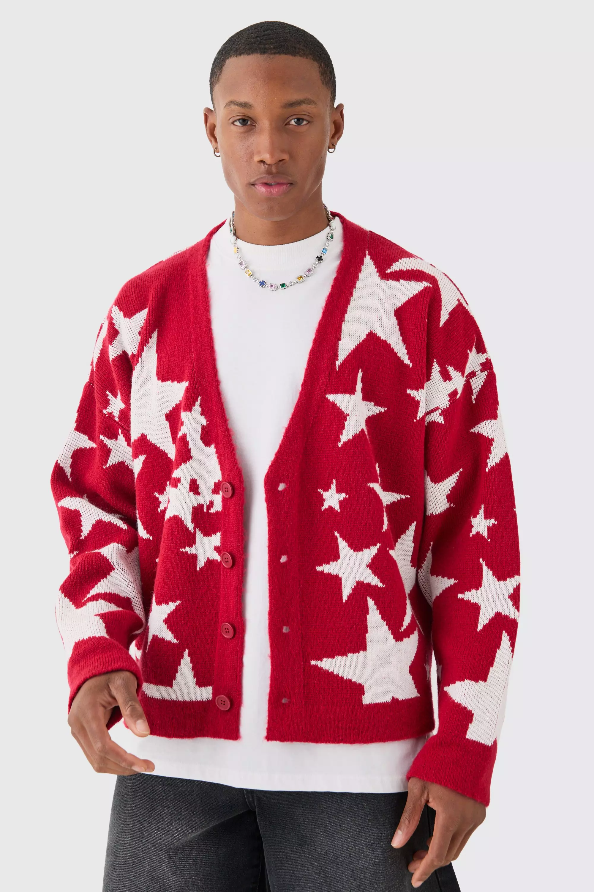 Boxy Oversized Brushed Star All Over Jacquard Cardigan Red