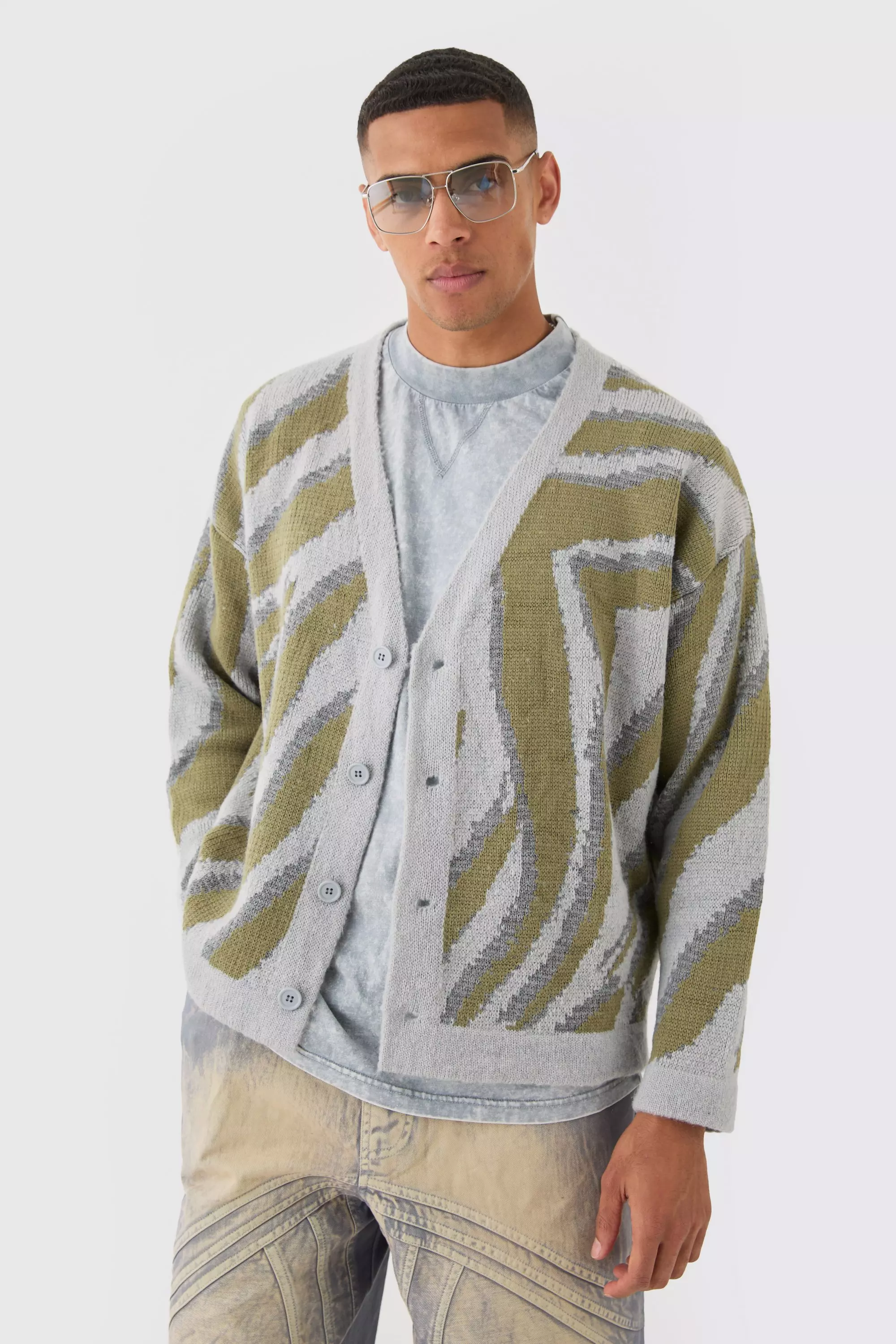 Boxy Oversized Brushed Abstract All Over Cardigan Light grey