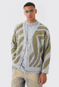 Boxy Oversized Brushed Abstract All Over Jacquard Cardigan Light grey
