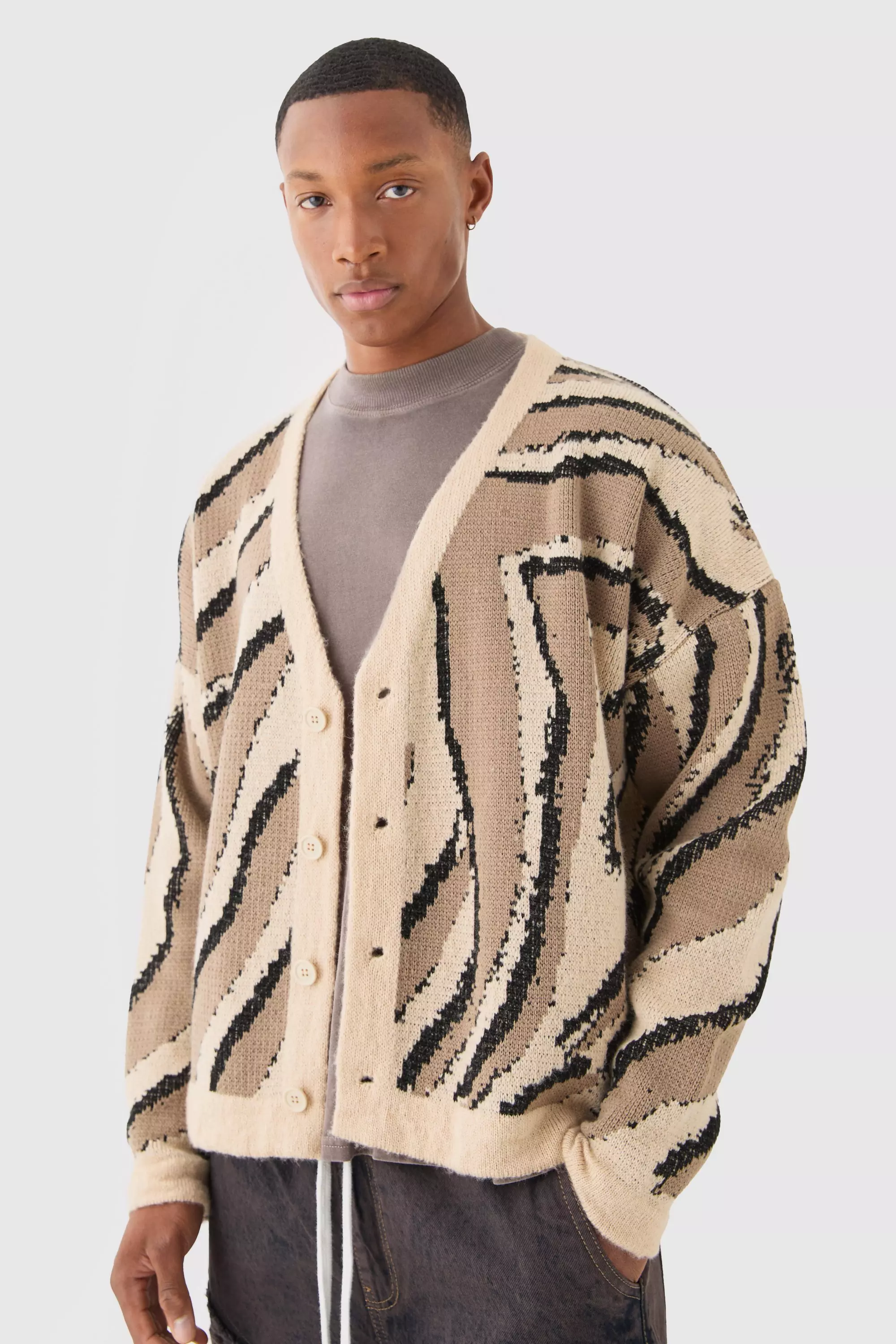 Boxy Oversized Brushed Abstract All Over Jacquard Cardigan Stone