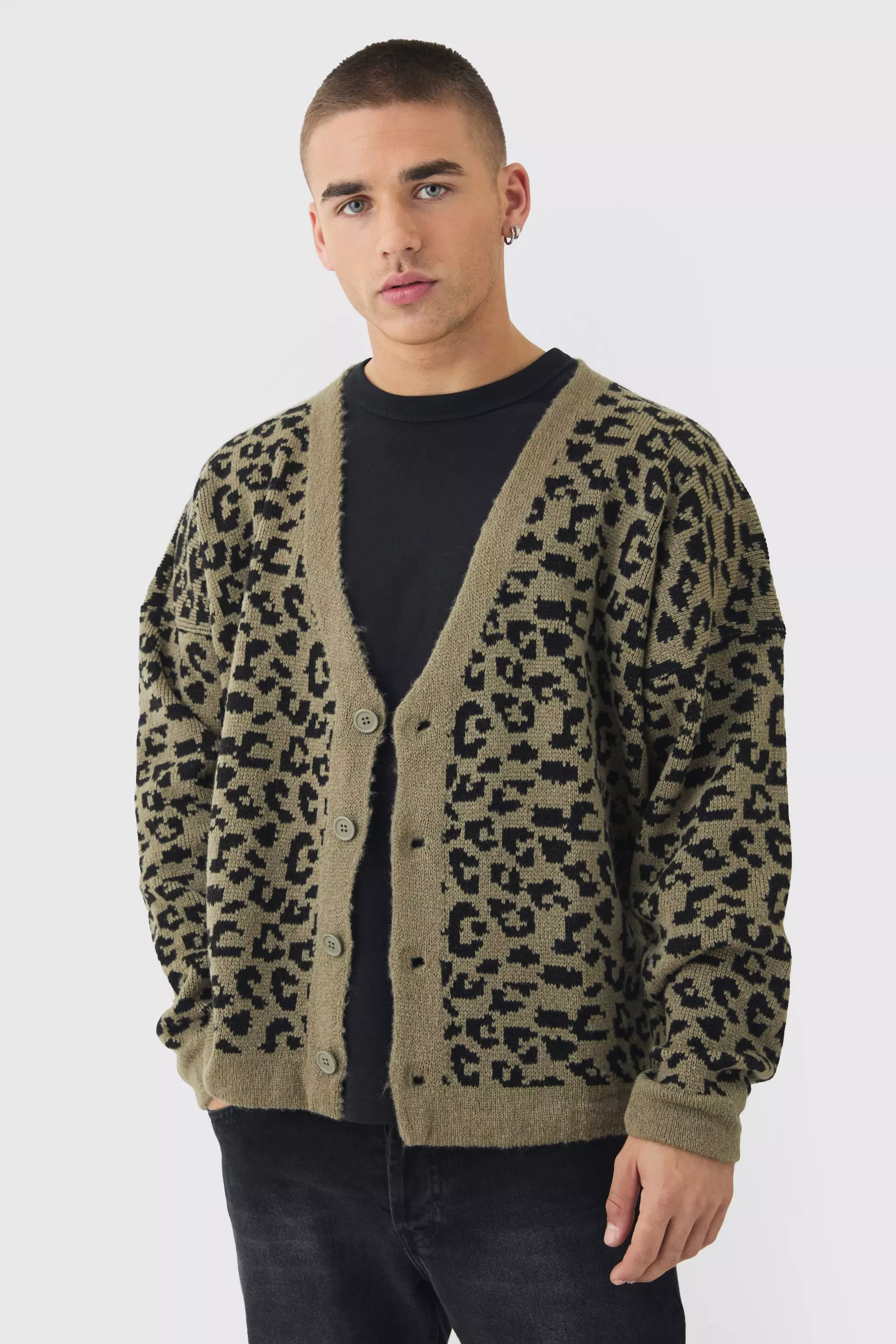 Boxy Oversized Brushed Leopard All Over Cardigan Khaki