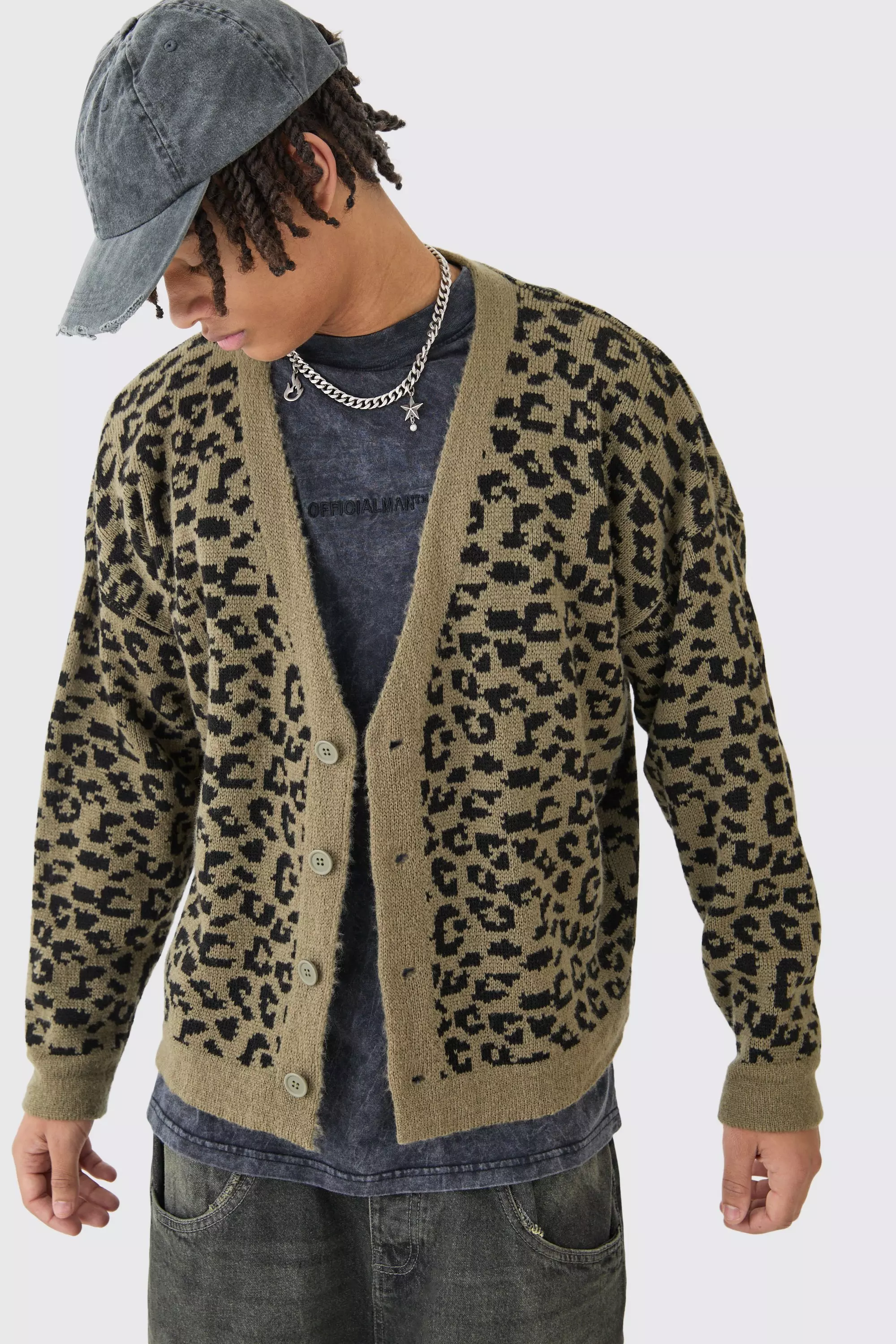 Boxy Oversized Brushed Leopard All Over Jacquard Cardigan Khaki