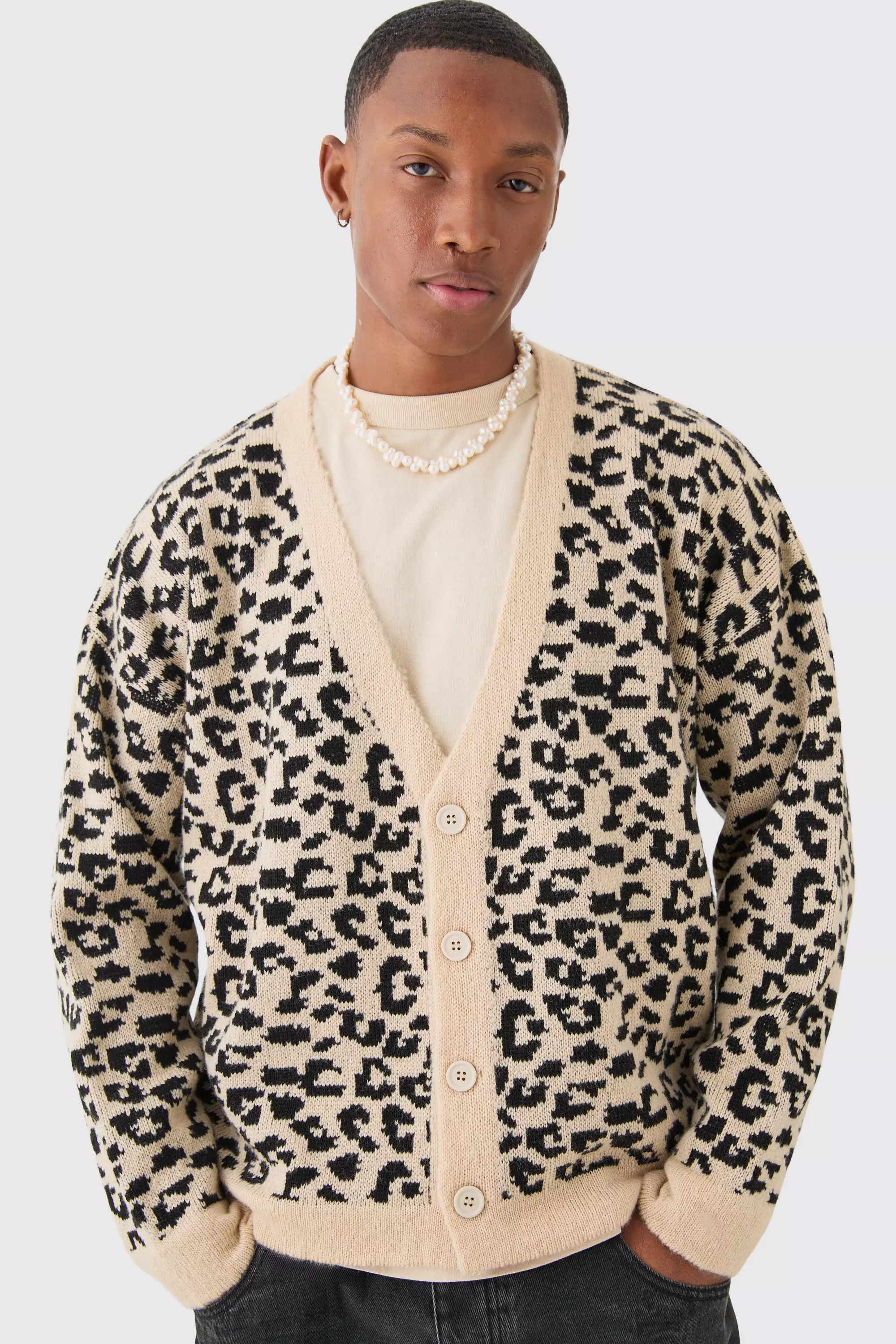 Boxy Oversized Leopard All Over Jacquard Cardigan Stone