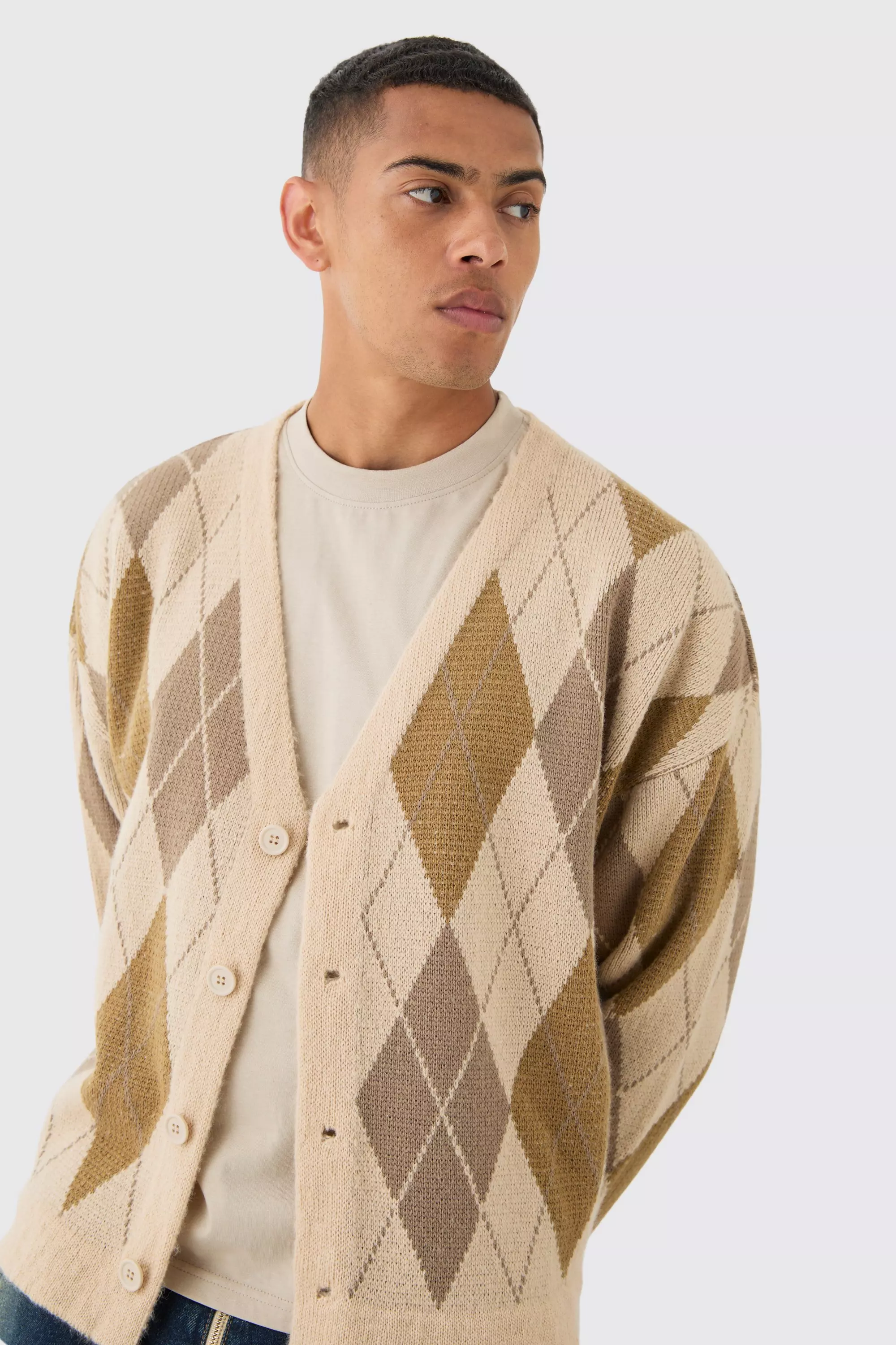 Boxy Oversized Brushed Check All Over Cardigan Stone