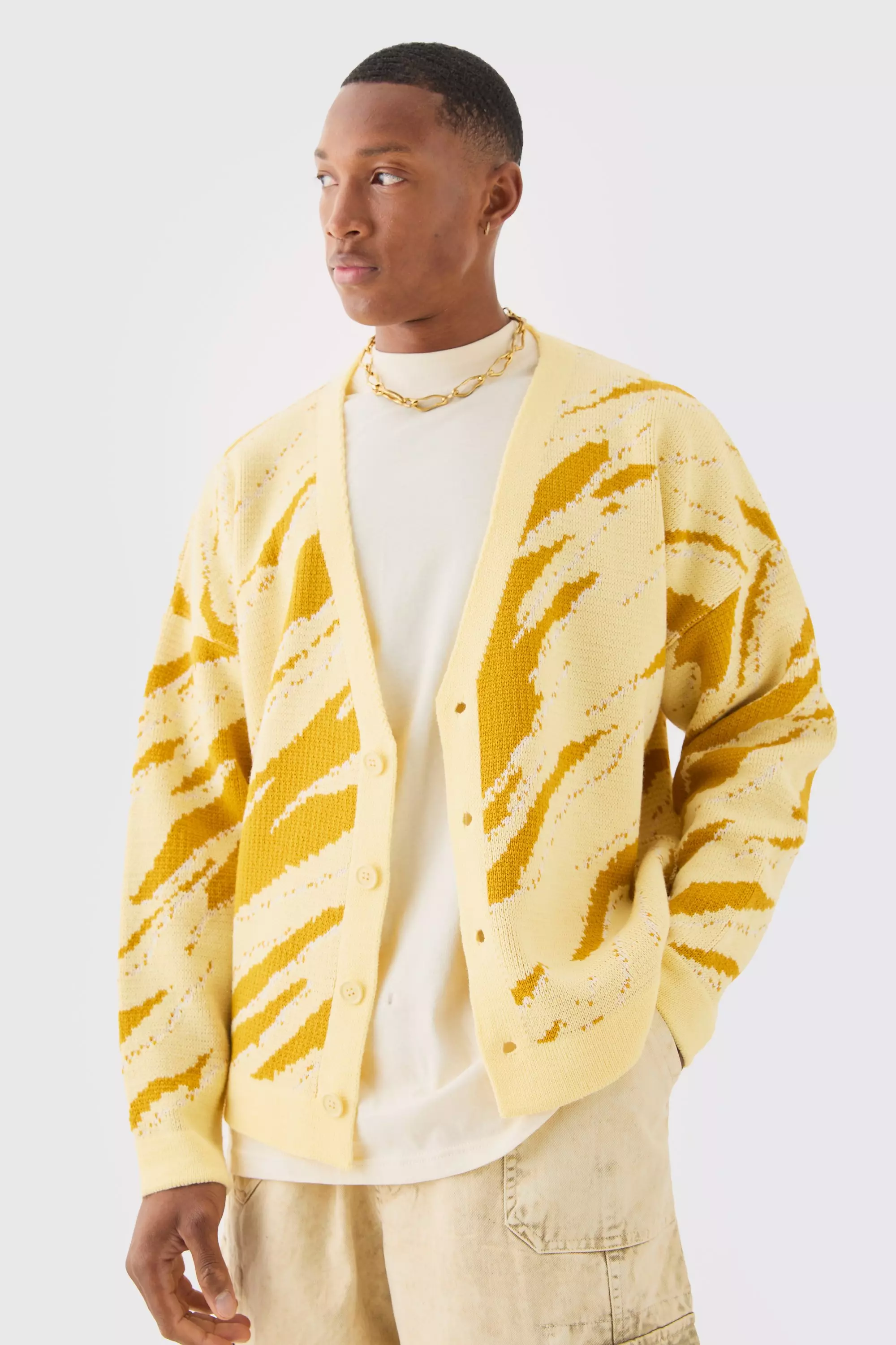 Boxy Oversized Tonal Abstract Cardigan Yellow