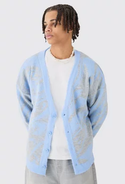 Blue Boxy Oversized Brushed Abstract All Over Jacquard Cardigan