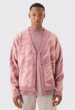 Boxy Oversized Brushed Abstract All Over Jacquard Cardigan Dusty pink