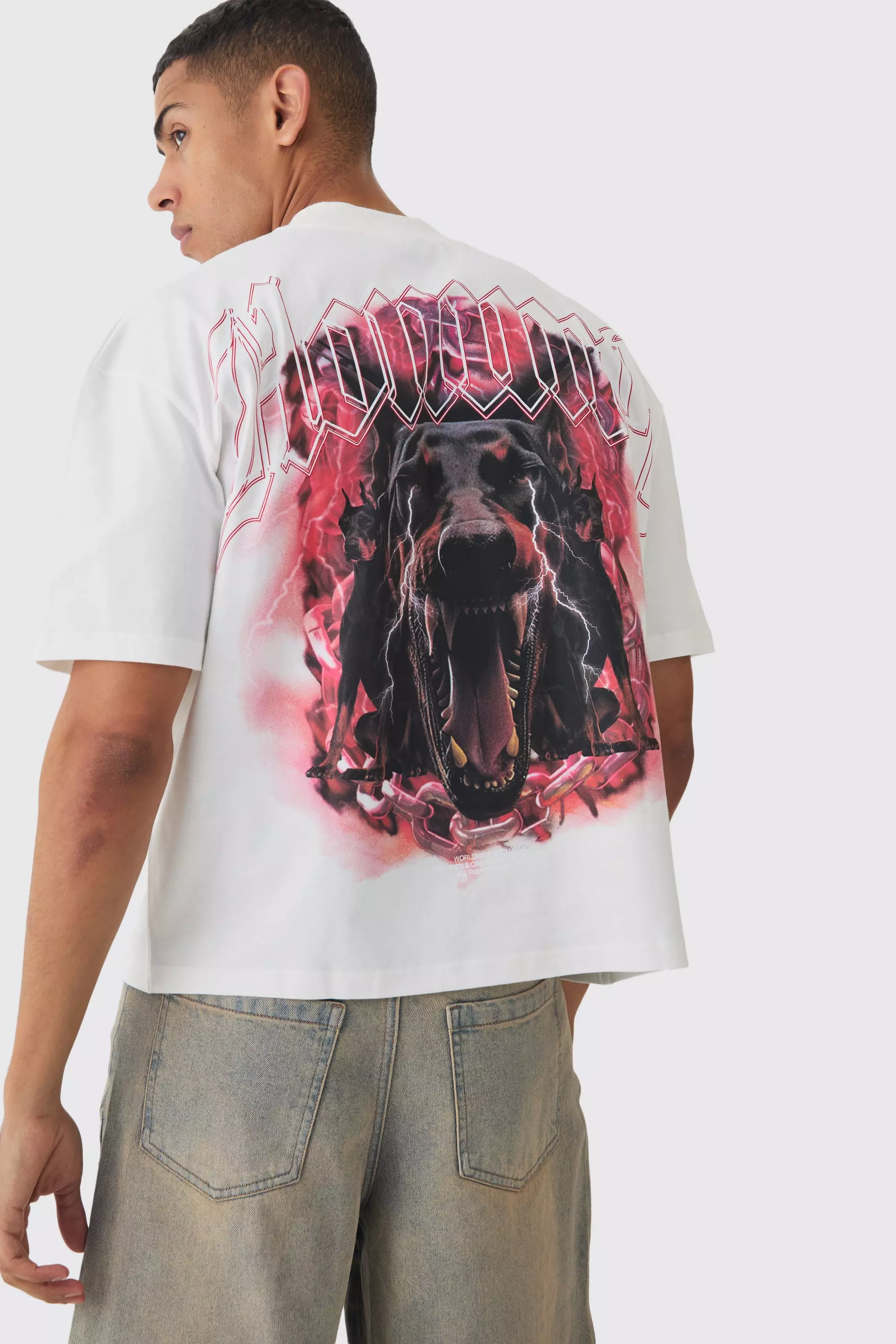 White Oversized Boxy Extended Neck Homme Dog Graphic T-shirt