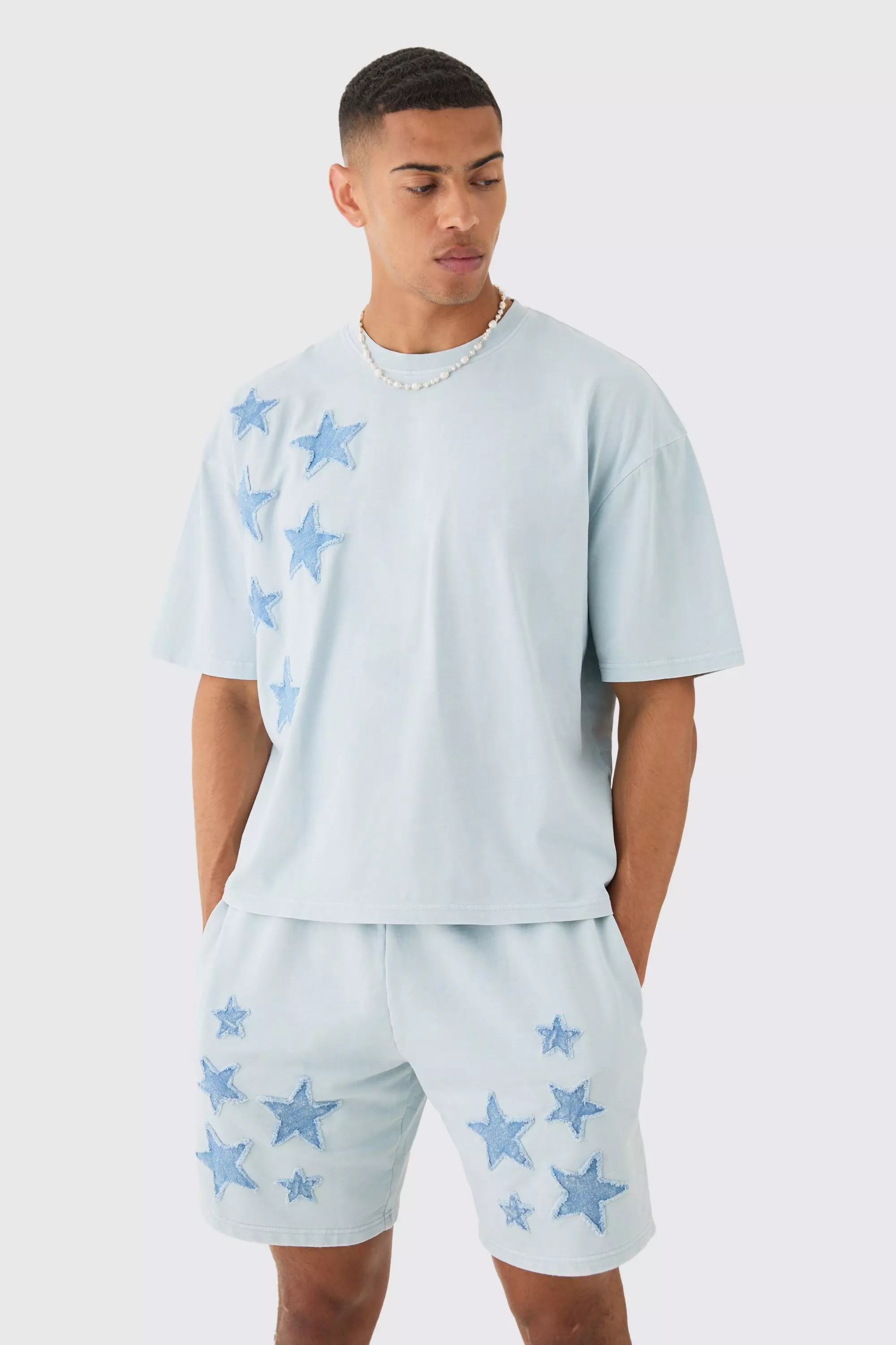 Blue Oversized Acid Wash Denim Stars Applique T-shirt & Shorts Set