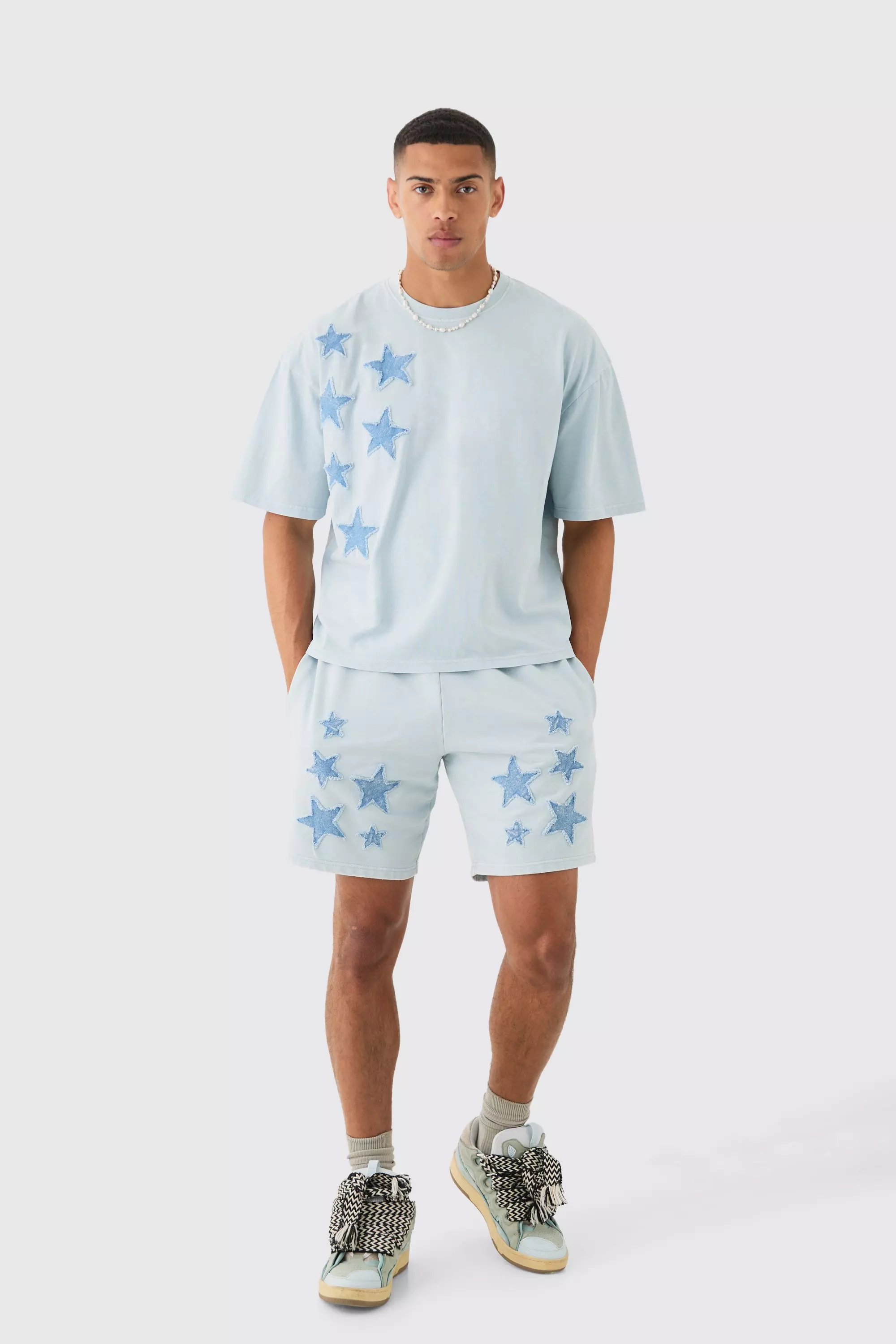 Oversized Acid Wash Denim Stars Applique T-shirt & Shorts Set Light blue