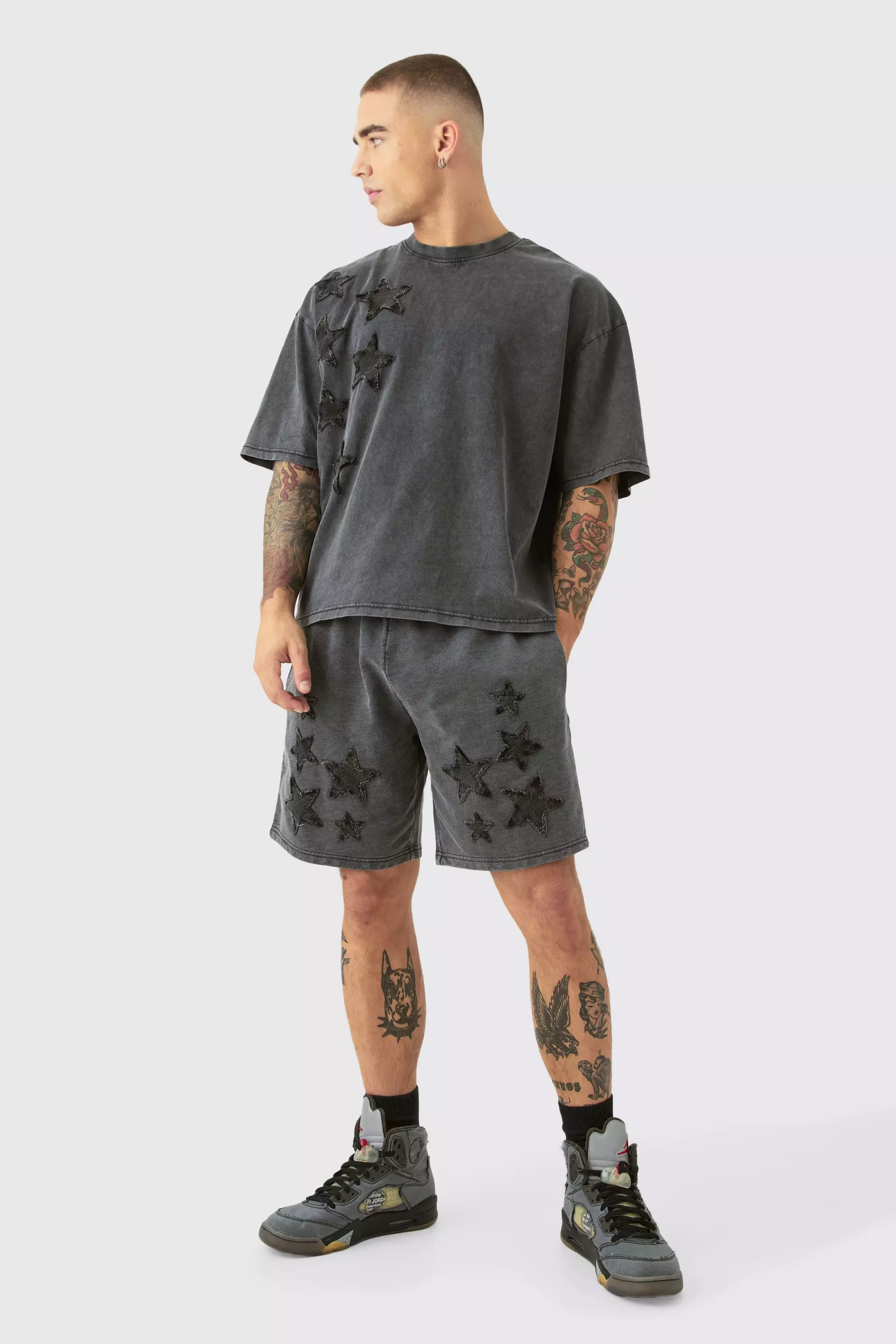Oversized Acid Wash Denim Stars Applique T-shirt & Shorts Set Charcoal