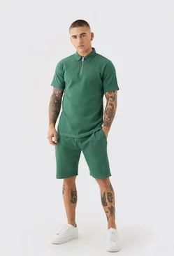 Slim Fit Waffle Polo & Short Set Forest