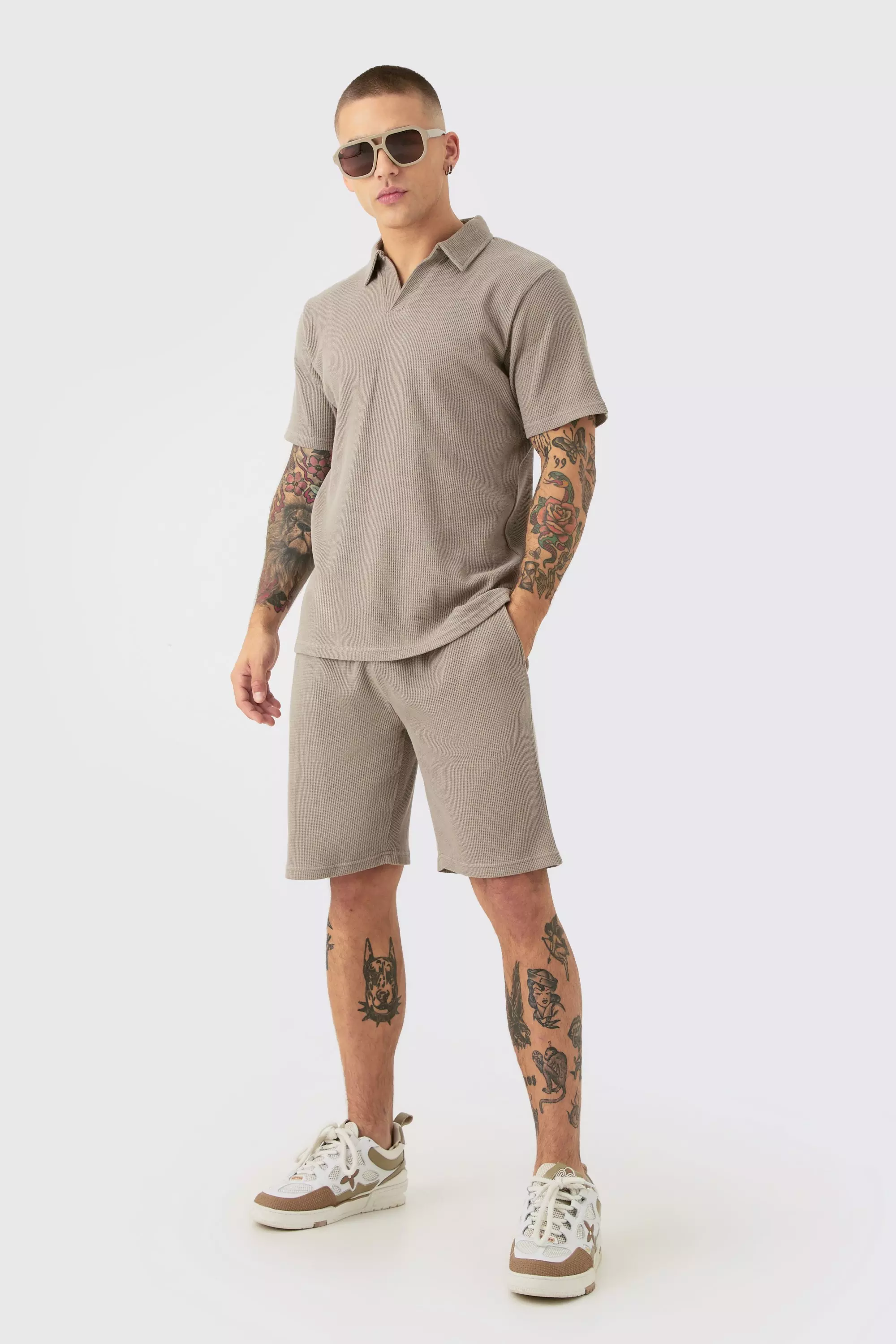 Taupe Beige Slim Waffle Revere Polo And Shorts Set