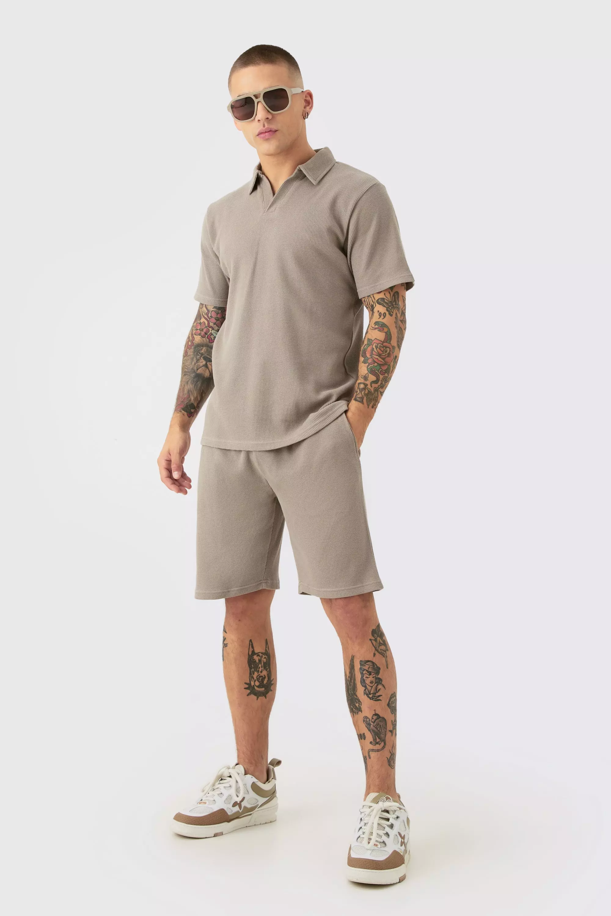 Slim Waffle Revere Polo And Shorts Set Taupe