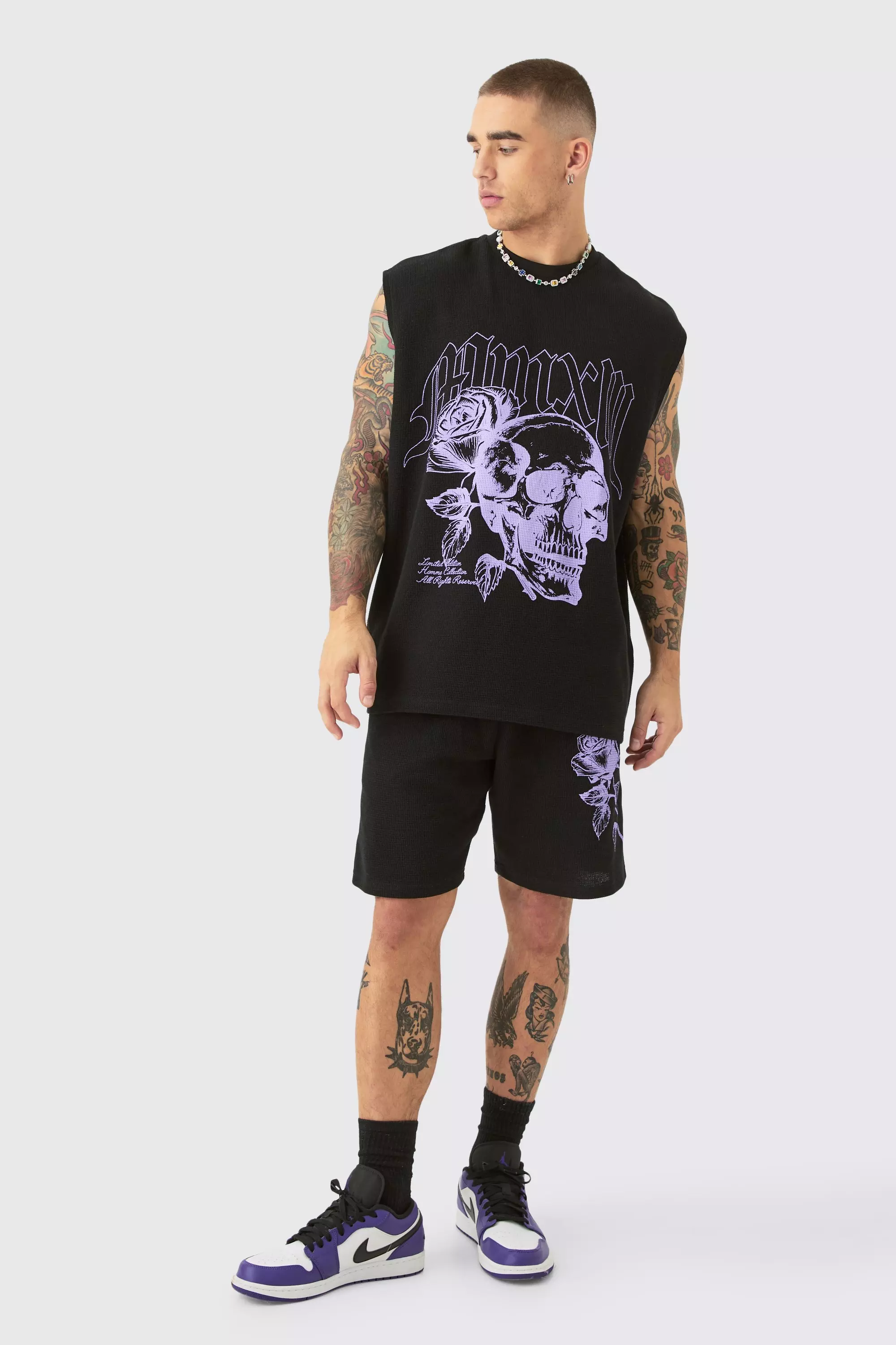 Oversized Rose Skull Waffle Large Printed Tank & Shorts Set Black