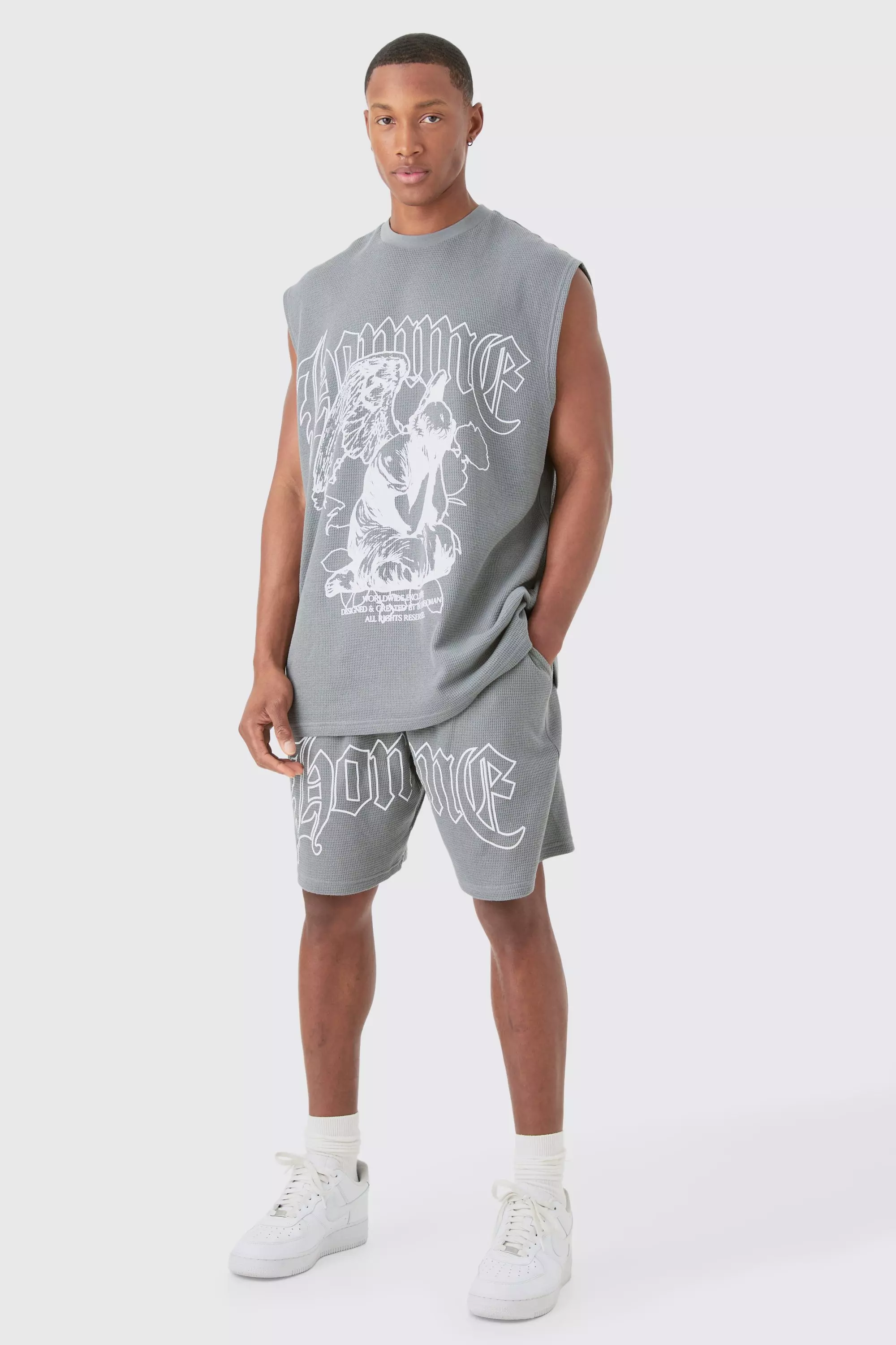 Oversized Gothic Waffle Large Printed Tank & Shorts Set Charcoal