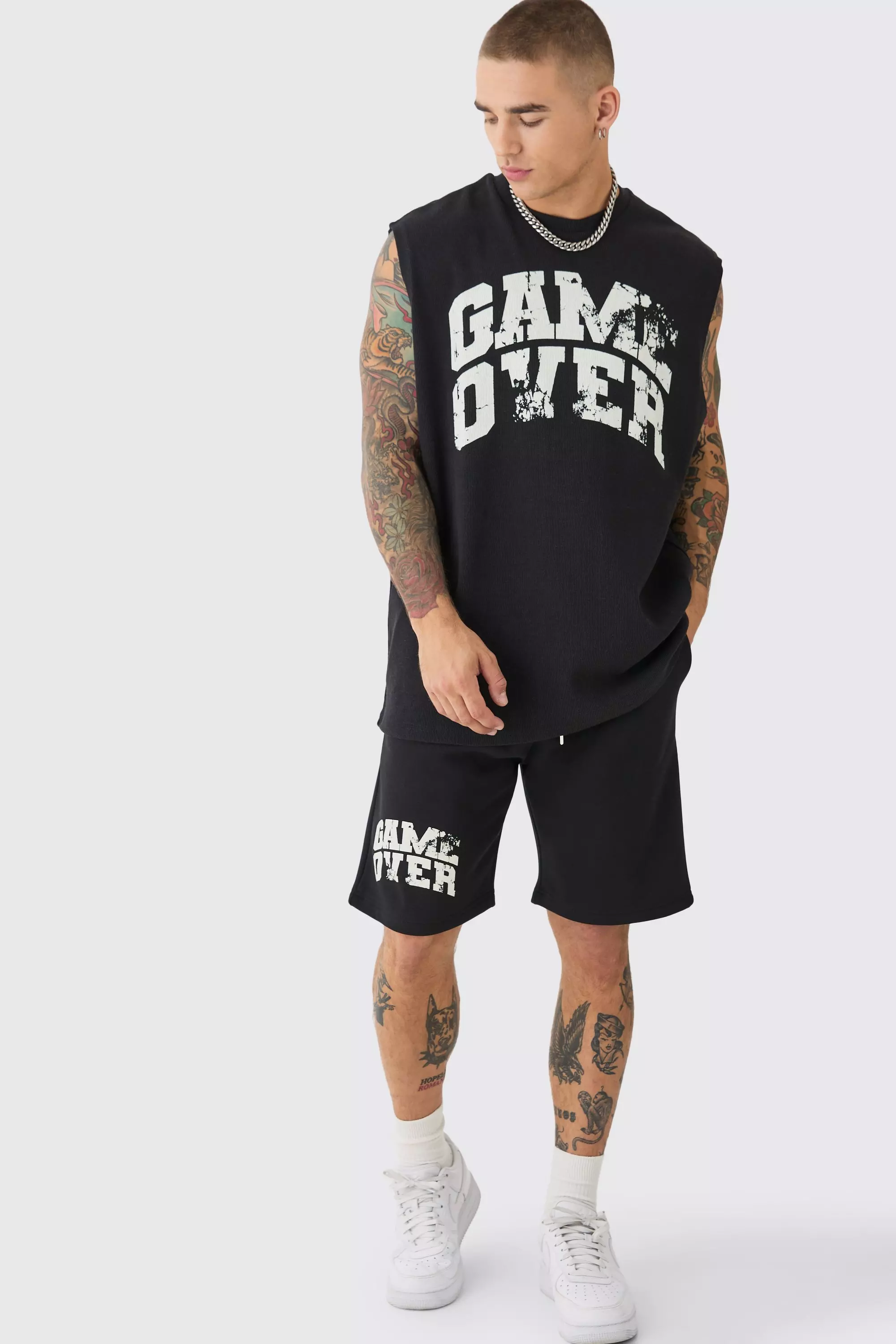 Oversized Game Over Rib Printed Tank & Shorts Set Black